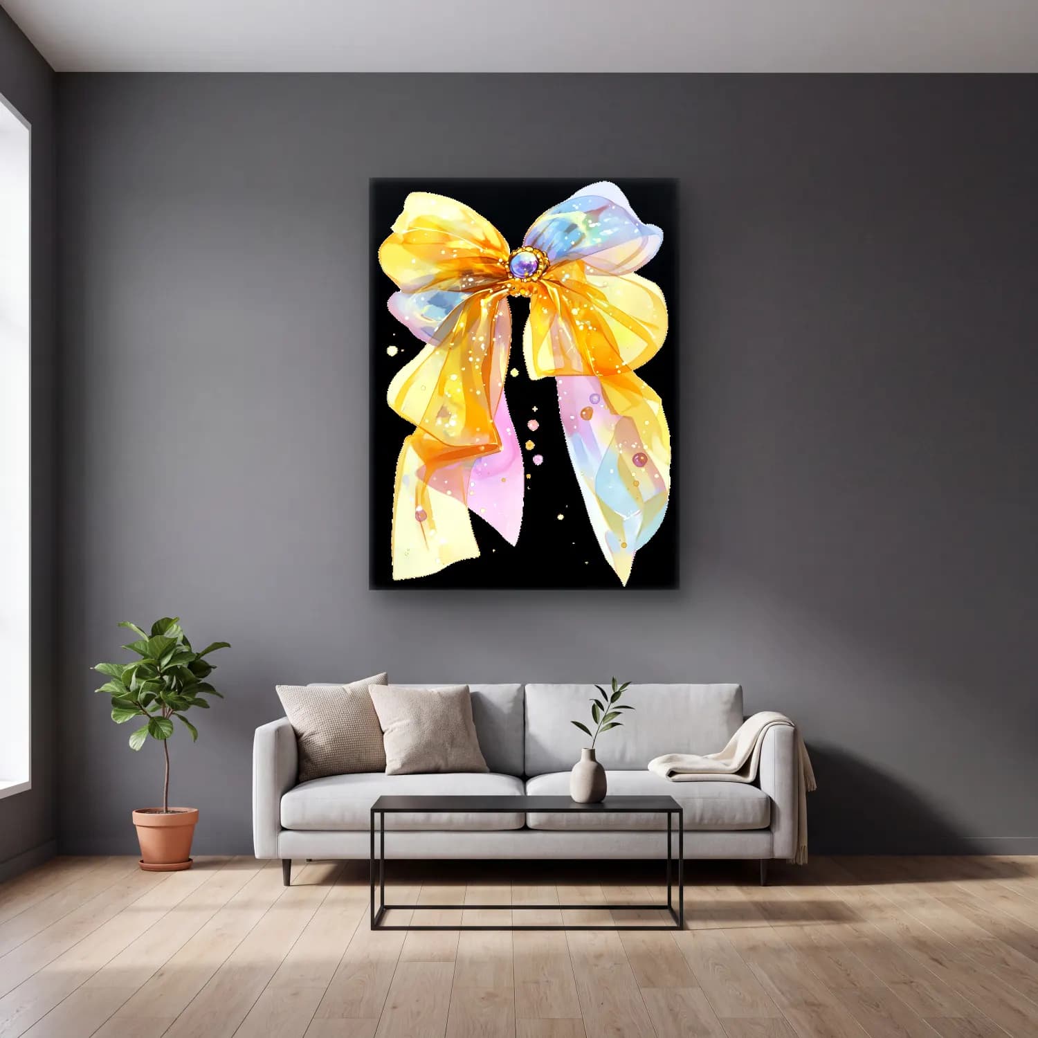 Pastel Fiyonk No. 57 cam tablo — gri duvarlı salonda