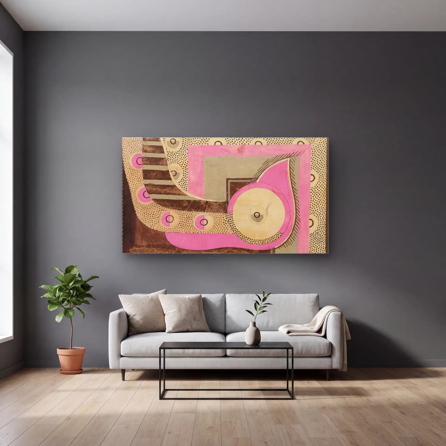 Georges Valmier – Composition (Étude Pour Un Motifs Décoratif) cam tablo — gri duvarlı salonda