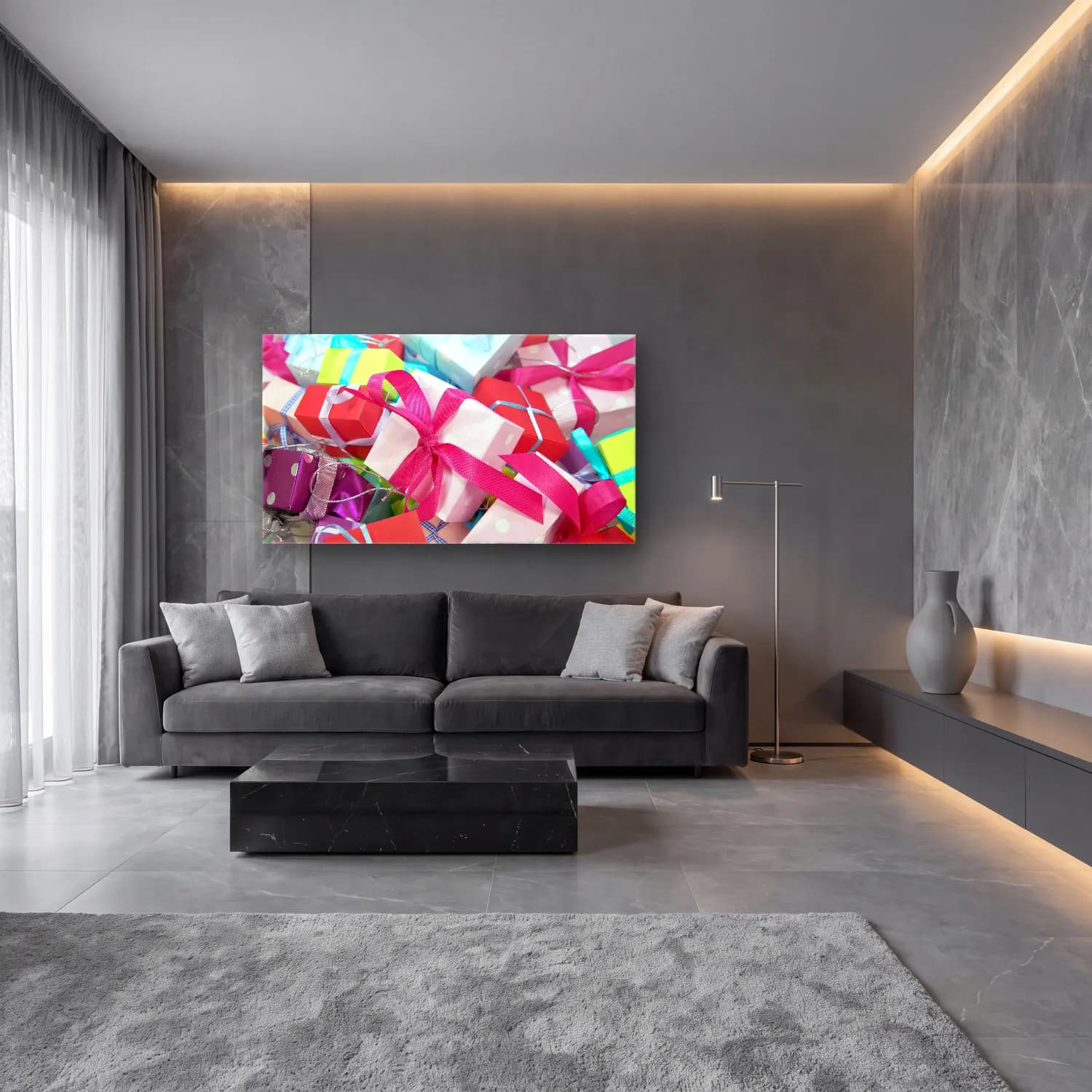 Pastel Hediye Paketleri No. 5 cam tablo — lüks salon duvarında