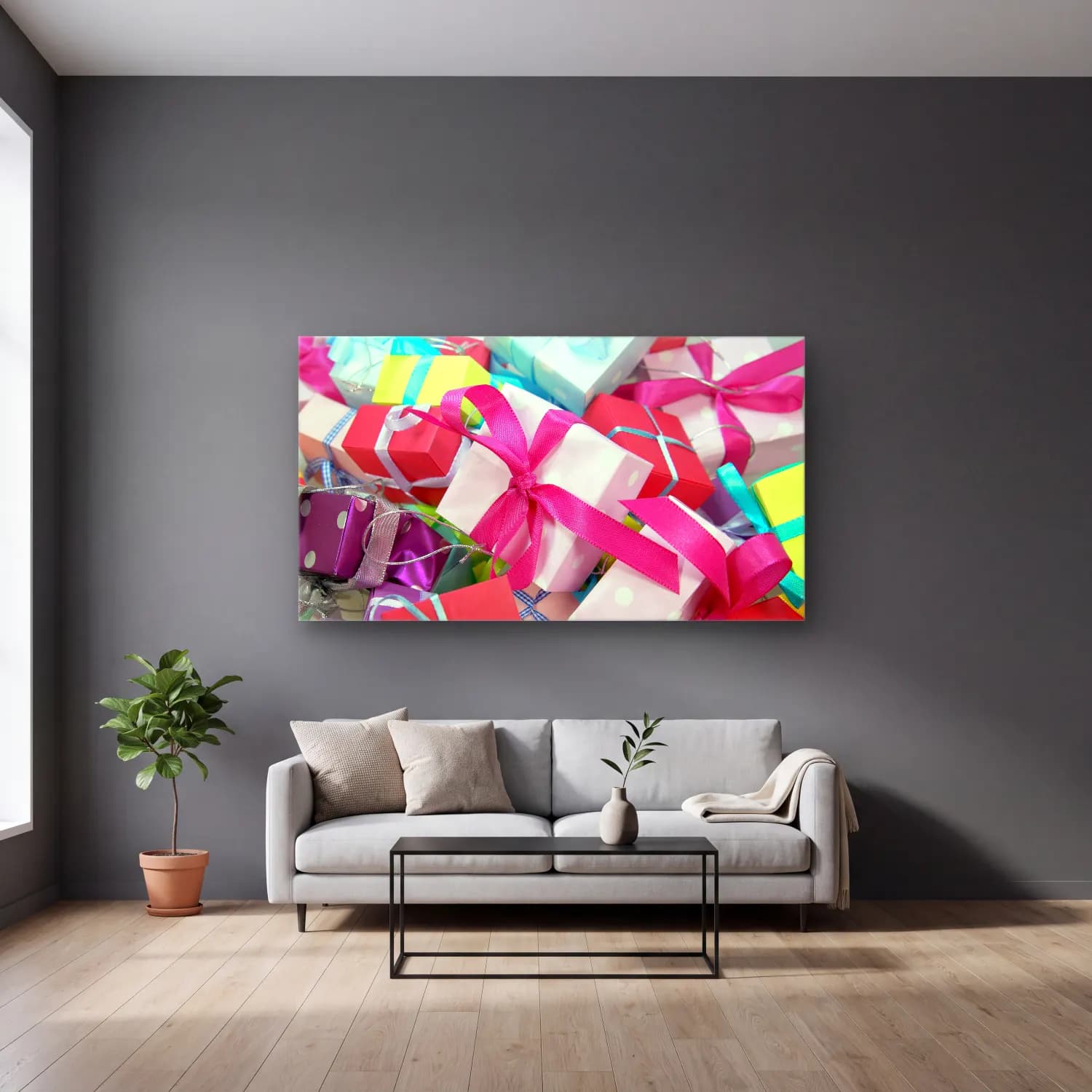 Pastel Hediye Paketleri No. 5 cam tablo — gri duvarlı salonda
