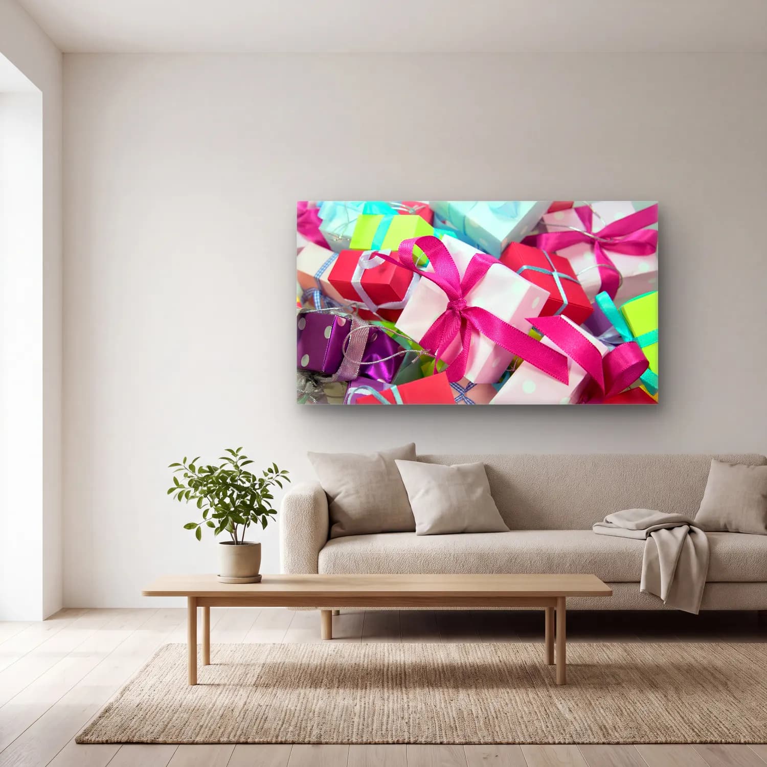 Pastel Hediye Paketleri No. 5 cam tablo — açık renk salonda