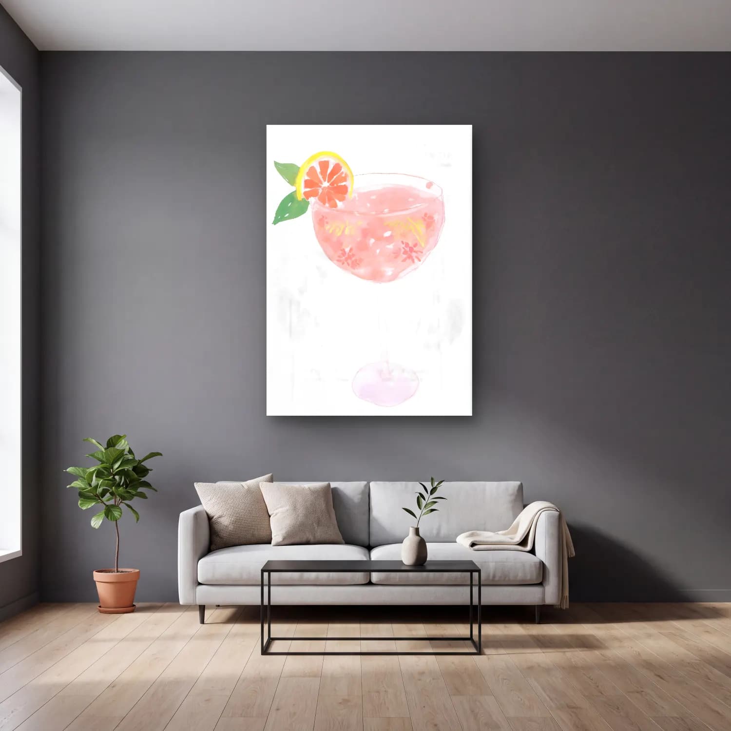 Suluboya Kokteyl – Pembe Tonlar cam tablo — gri duvarlı salonda