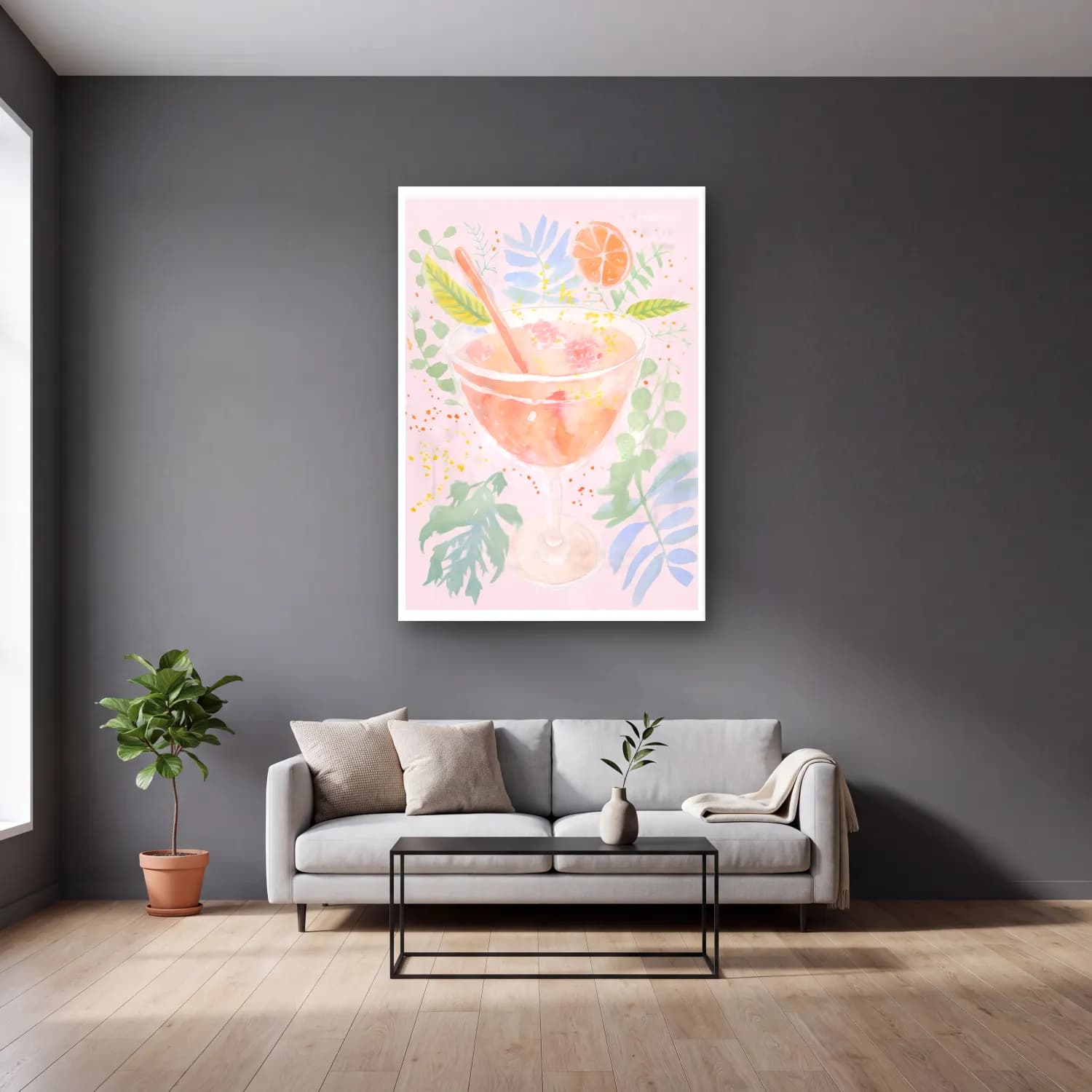 Pastel Kokteyl – Pembe Tonlar cam tablo — gri duvarlı salonda