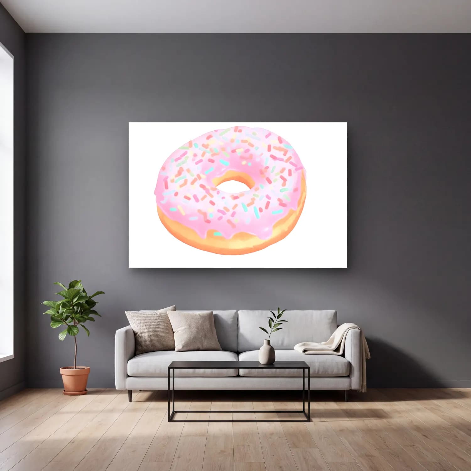 Pastel Tatlılar – Pastel Tonlar cam tablo — gri duvarlı salonda