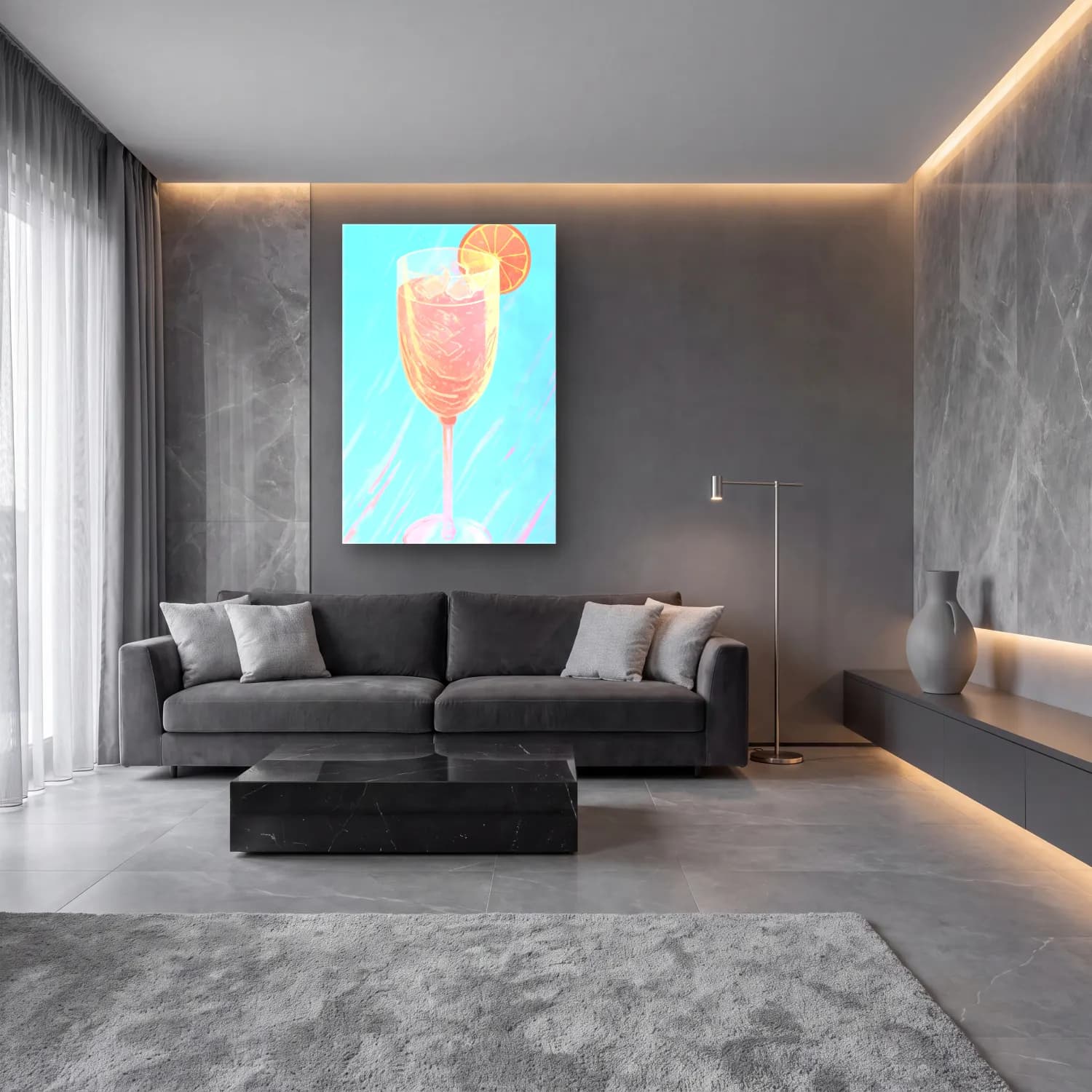 Pastel Kokteyl No. 6 cam tablo — lüks salon duvarında