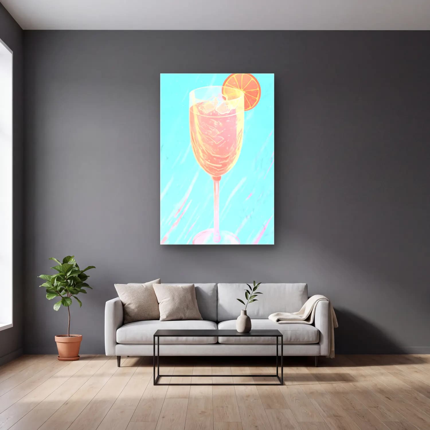 Pastel Kokteyl No. 6 cam tablo — gri duvarlı salonda