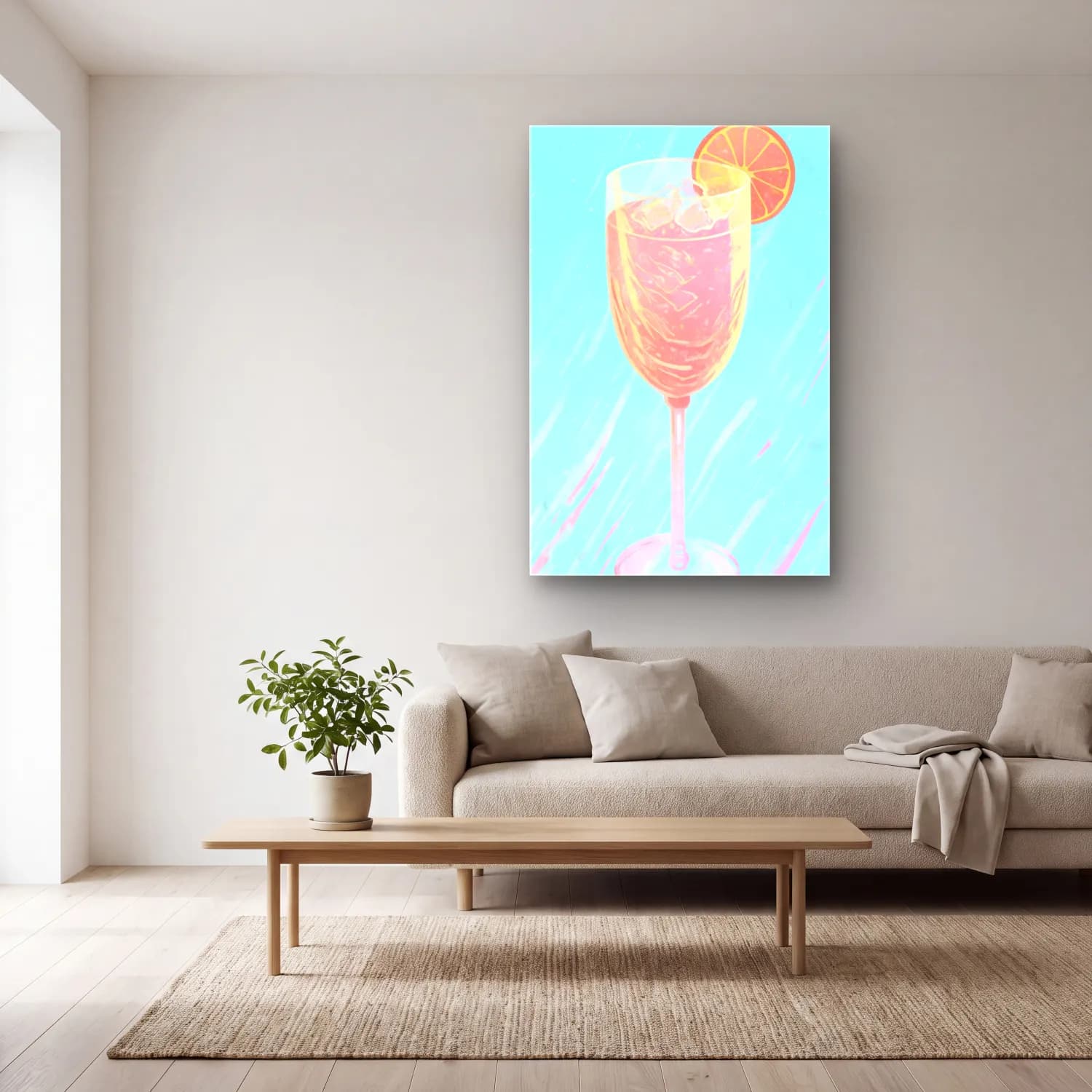 Pastel Kokteyl No. 6 cam tablo — açık renk salonda