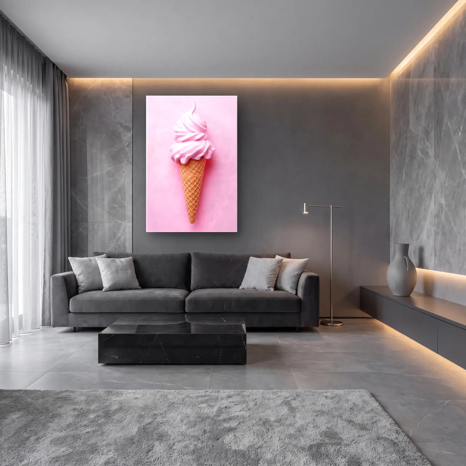 Pastel Dondurma No. 9 cam tablo — lüks salon duvarında
