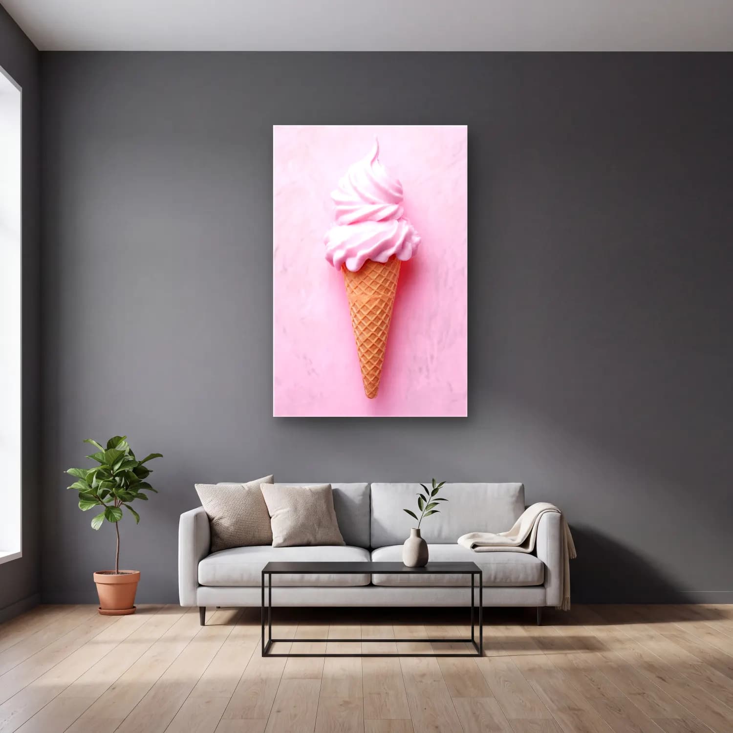 Pastel Dondurma No. 9 cam tablo — gri duvarlı salonda