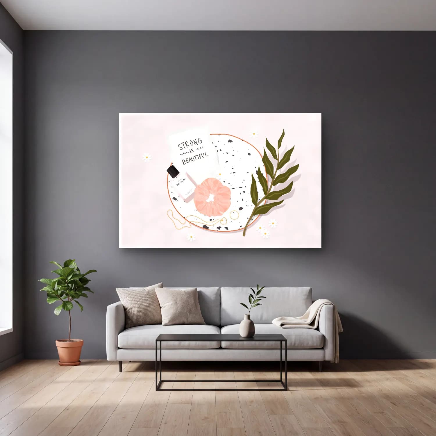 Pastel Söz Posteri cam tablo — gri duvarlı salonda