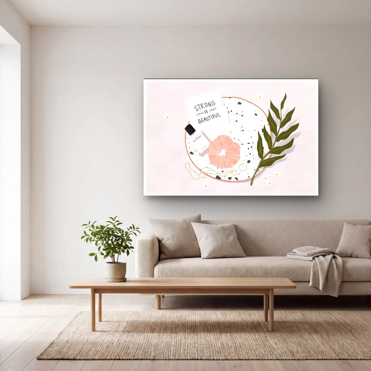 Pastel Söz Posteri cam tablo — açık renk salonda