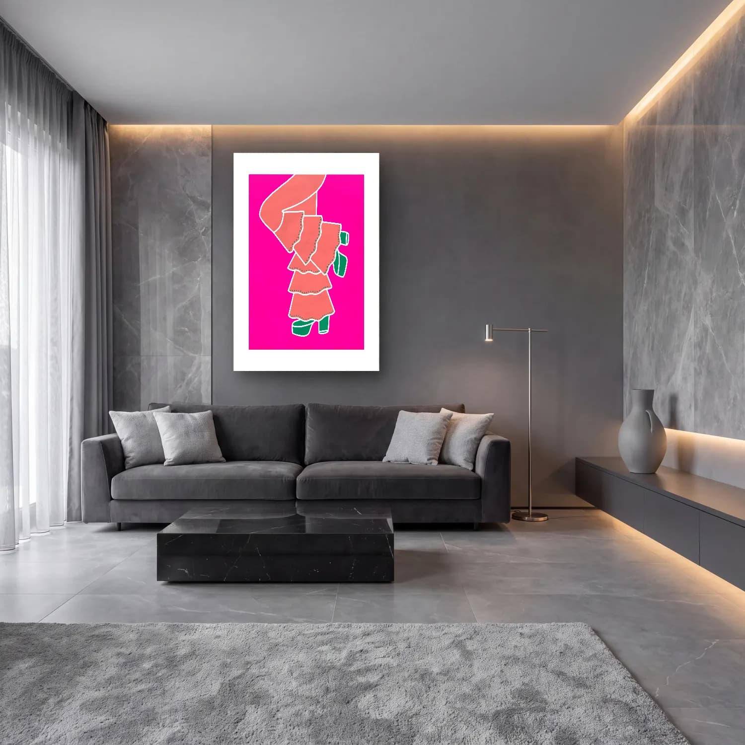 Boho Elbiseli Kadın cam tablo — lüks salon duvarında