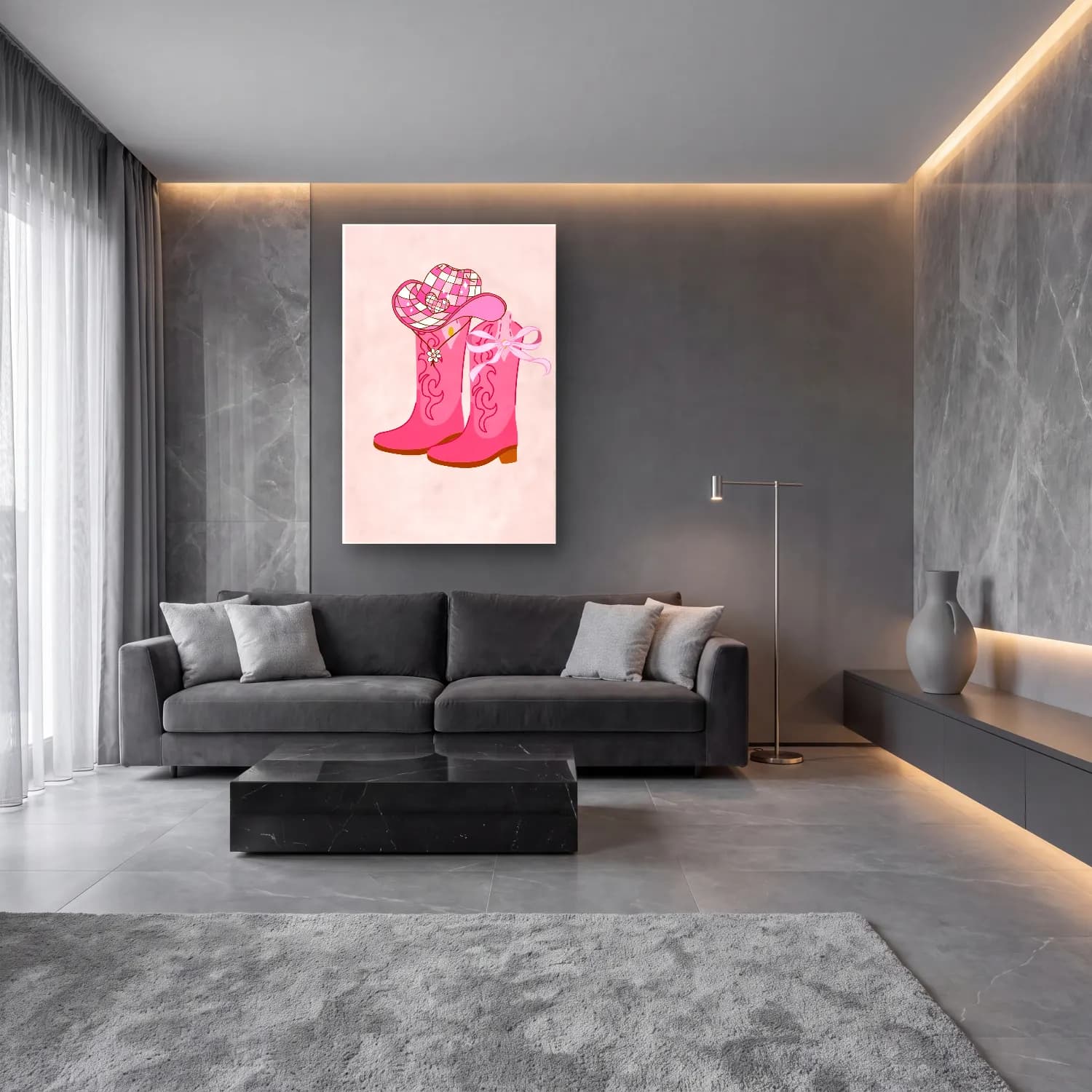 Sevimli İllüstrasyon Topuklu Ayakkabı ve Çanta – Pembe Tonlar cam tablo — lüks salon duvarında