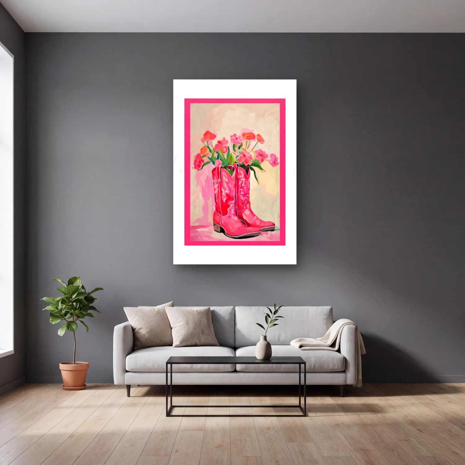 Pastel Pembe Şakayıklar – Pembe Tonlar cam tablo — gri duvarlı salonda
