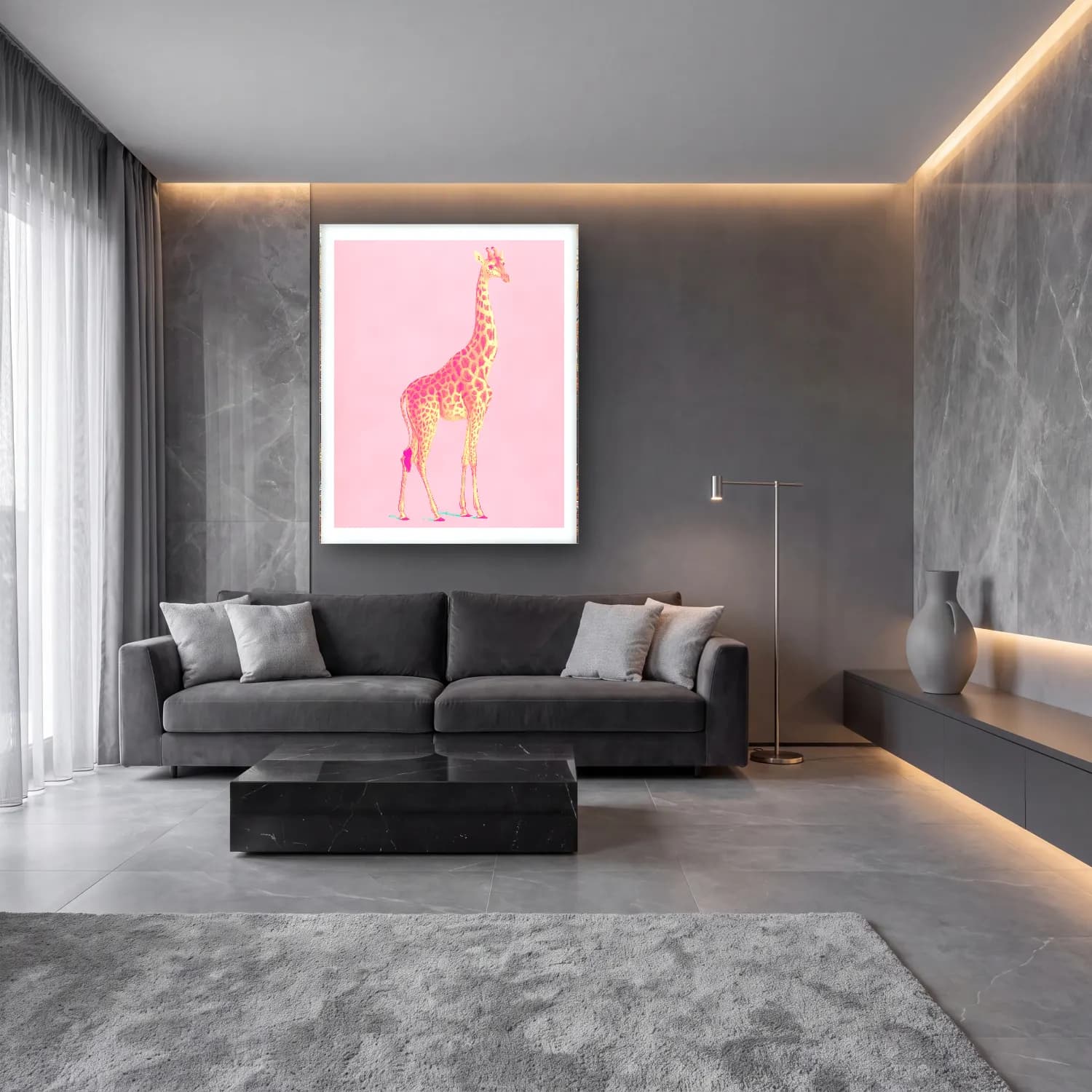 Pastel Zürafa cam tablo — lüks salon duvarında