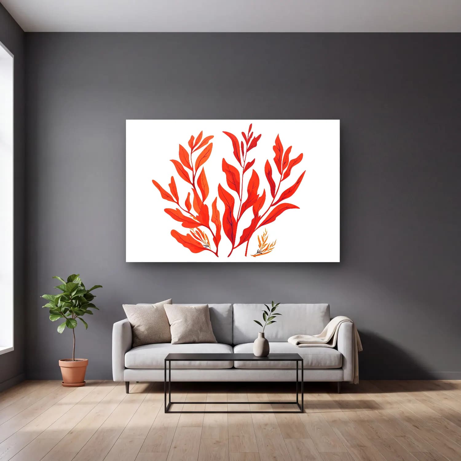 Simple Drawing – Indian Red No. 11 cam tablo — gri duvarlı salonda
