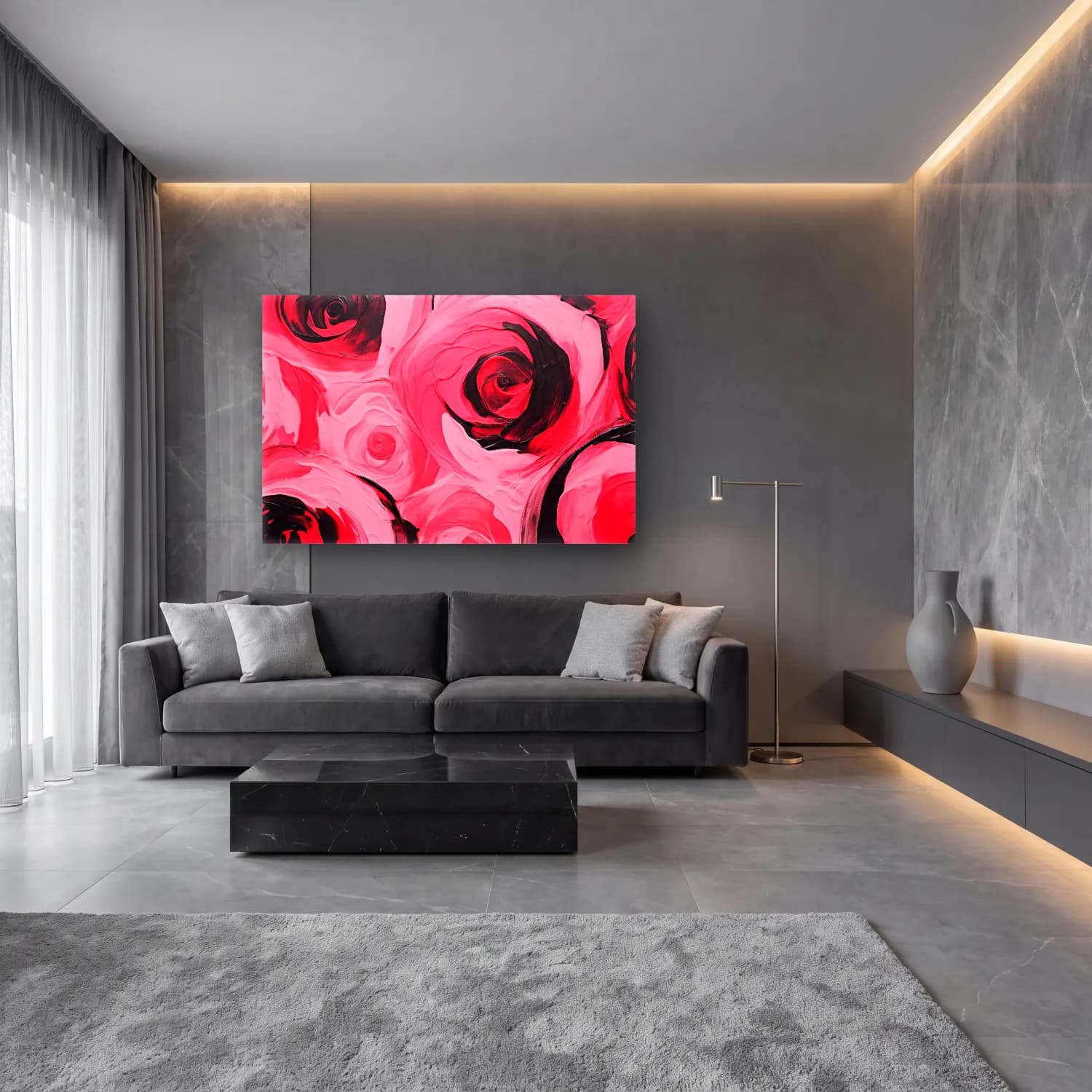Modern Soyut Güller cam tablo — lüks salon duvarında