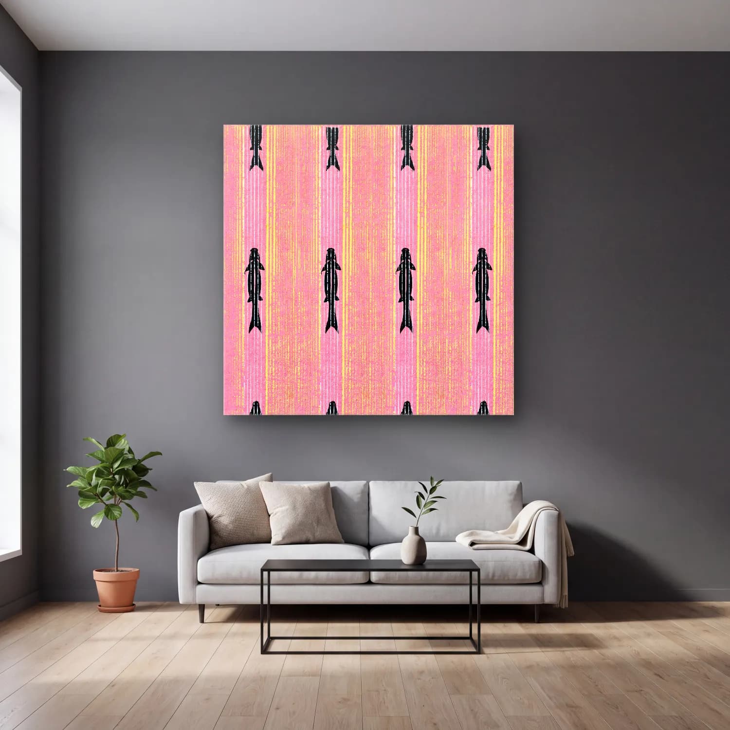 Pastel Balık – Pembe Tonlar cam tablo — gri duvarlı salonda