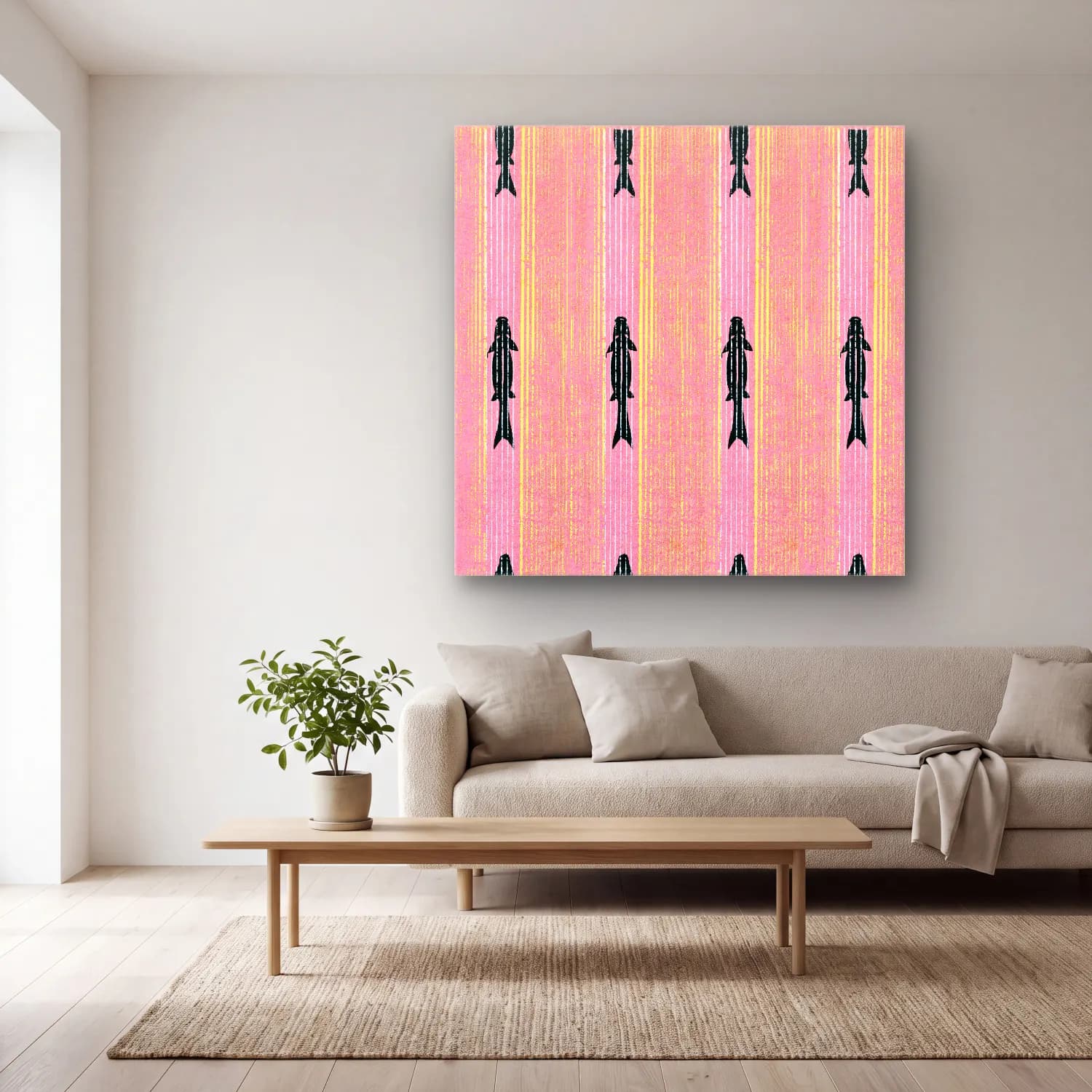 Pastel Balık – Pembe Tonlar cam tablo — açık renk salonda