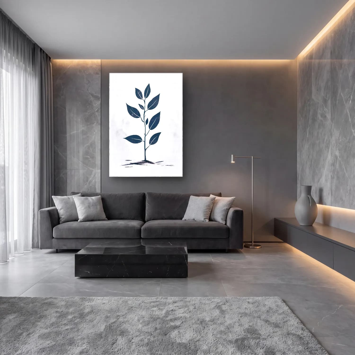Simple Drawing – navy blue No. 12 cam tablo — lüks salon duvarında