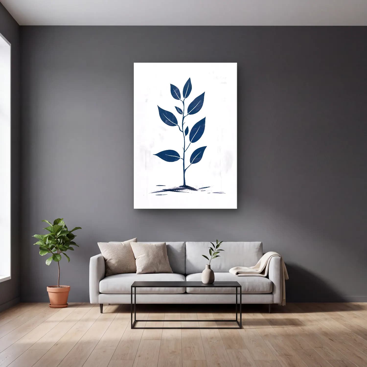 Simple Drawing – navy blue No. 12 cam tablo — gri duvarlı salonda