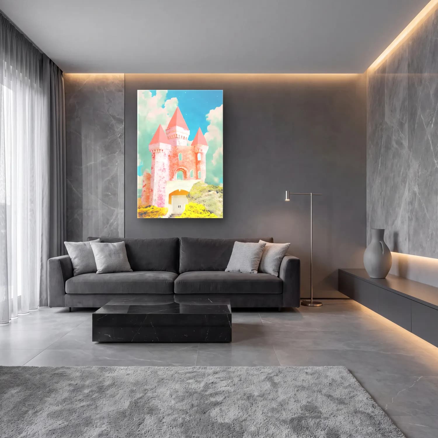 Pastel Şato – Pembe Tonlar cam tablo — lüks salon duvarında