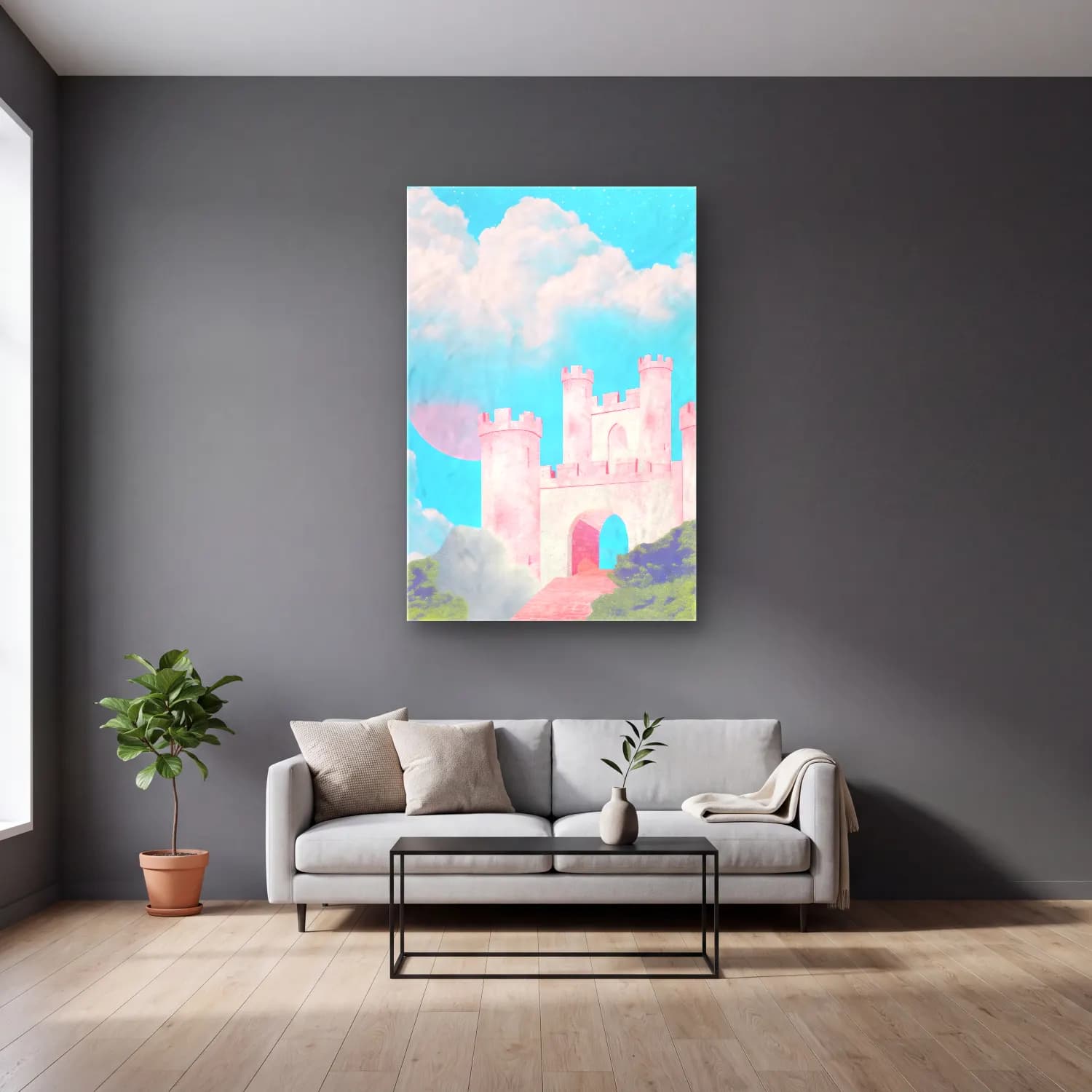 Pastel Şato No. 4 cam tablo — gri duvarlı salonda