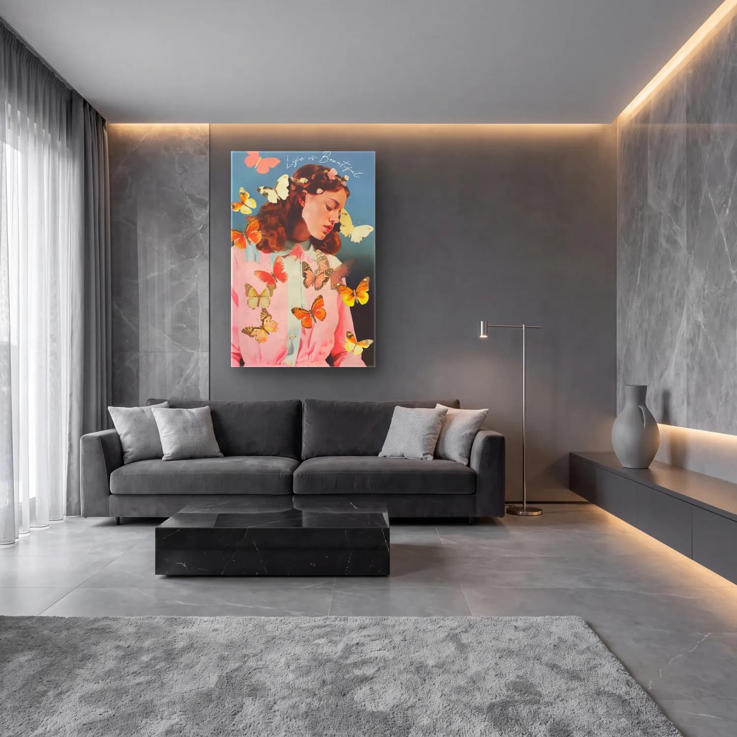 Pastel Kelebek No. 11 cam tablo — lüks salon duvarında