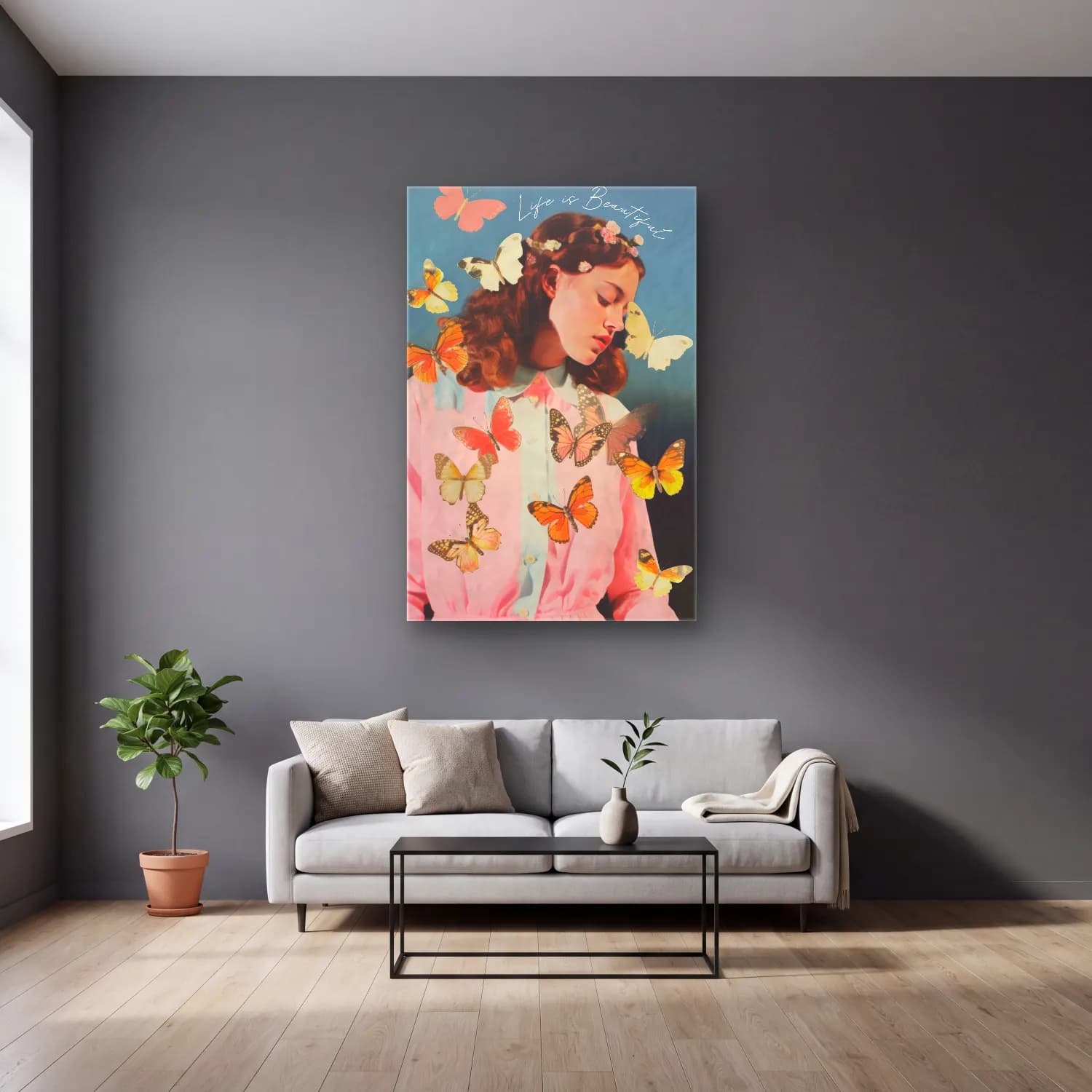 Pastel Kelebek No. 11 cam tablo — gri duvarlı salonda