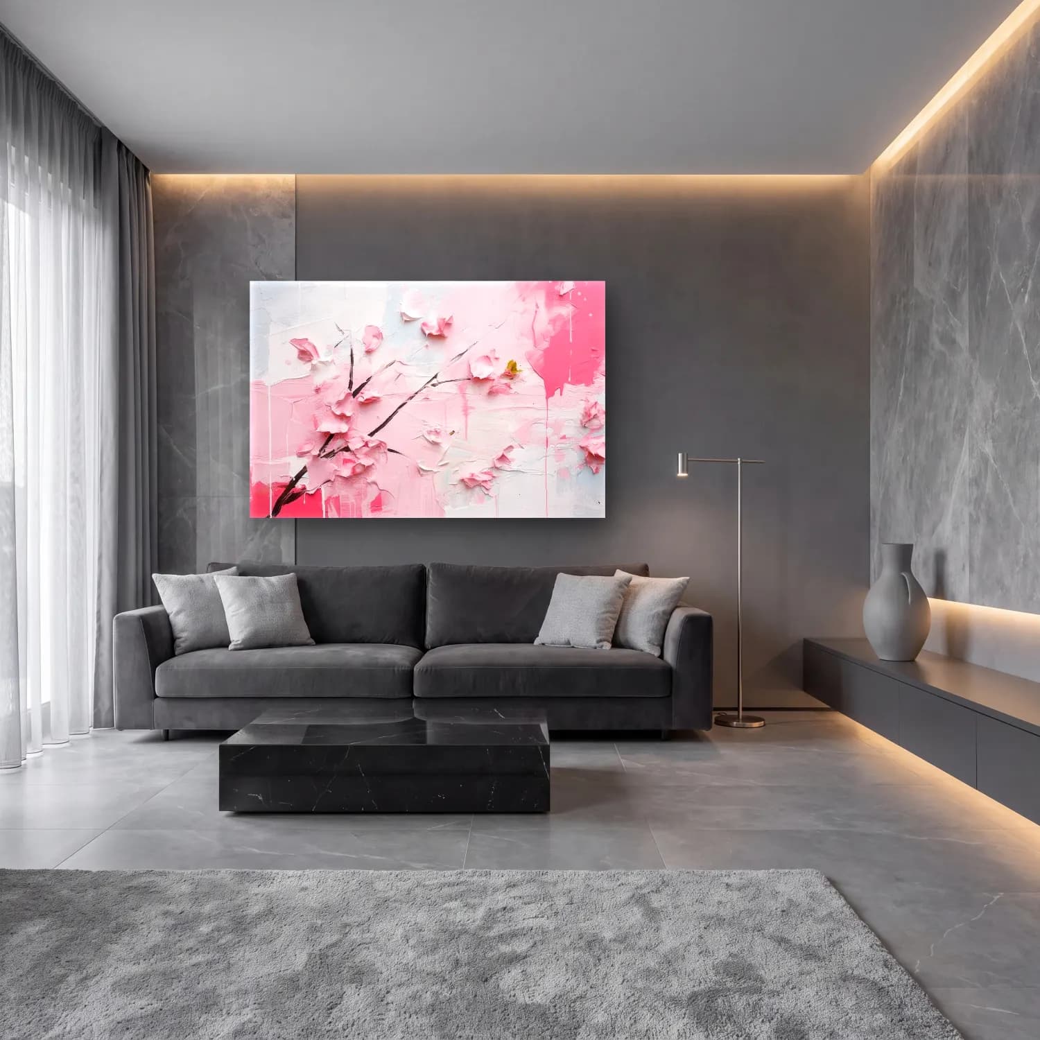 Pastel Kiraz Çiçekleri – Pembe Tonlar cam tablo — lüks salon duvarında