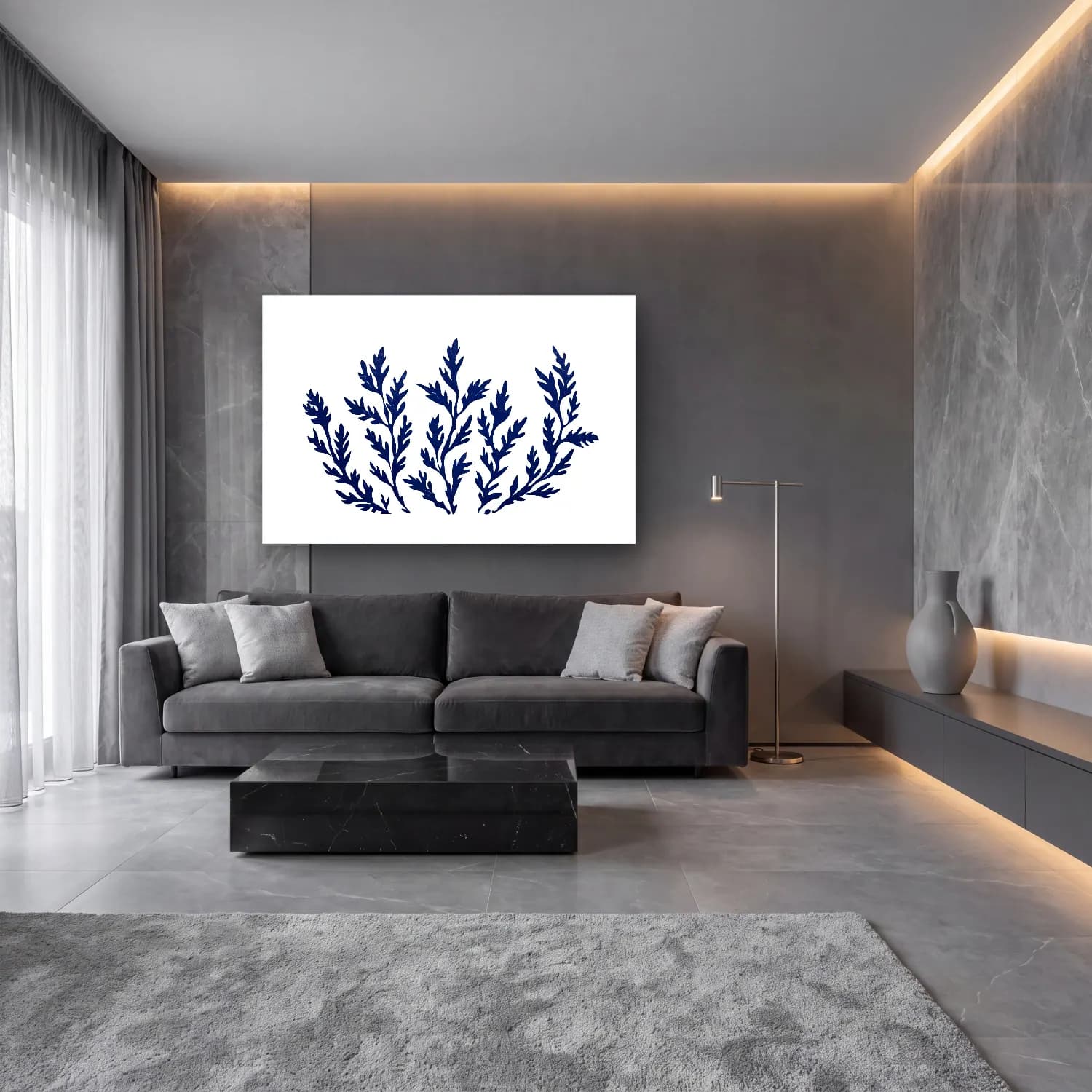 Simple Drawing – navy blue No. 13 cam tablo — lüks salon duvarında