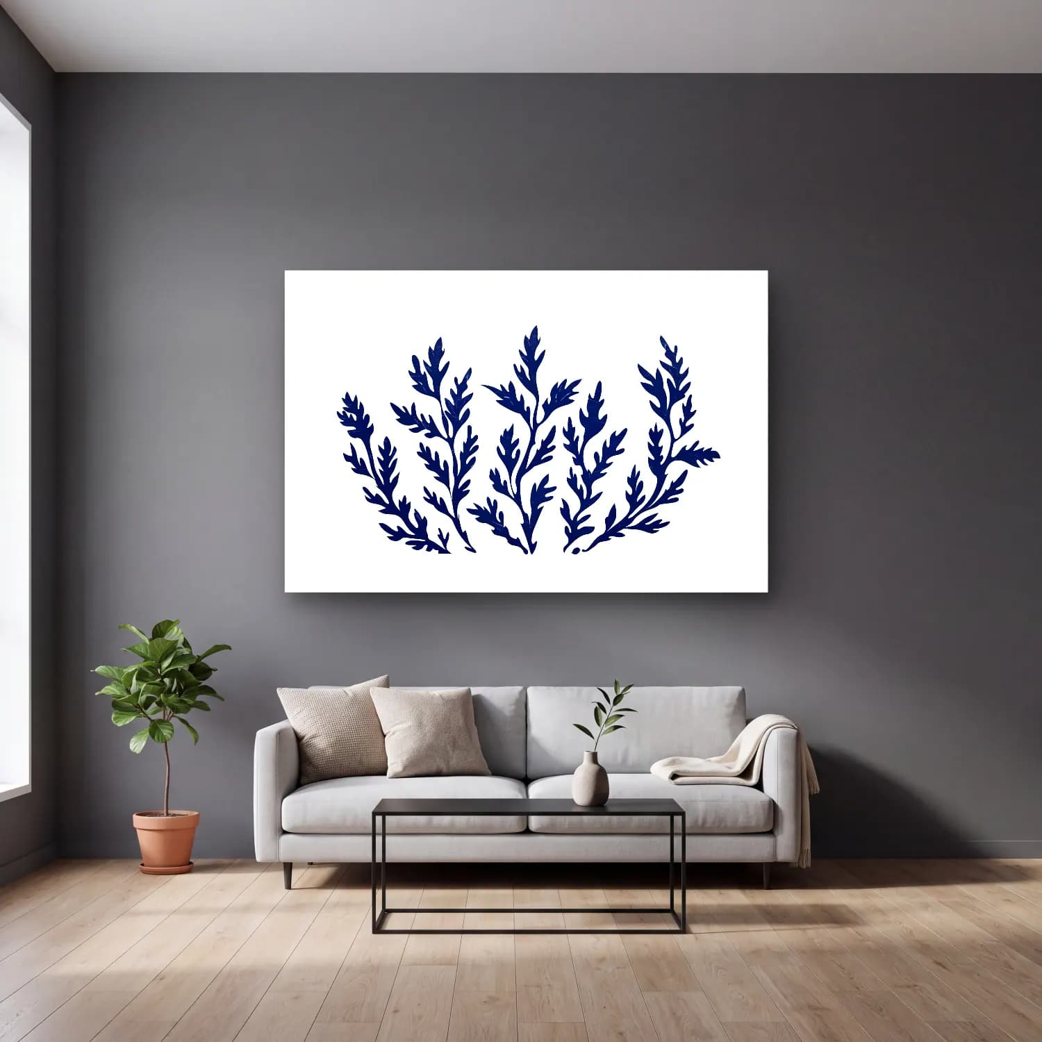 Simple Drawing – navy blue No. 13 cam tablo — gri duvarlı salonda