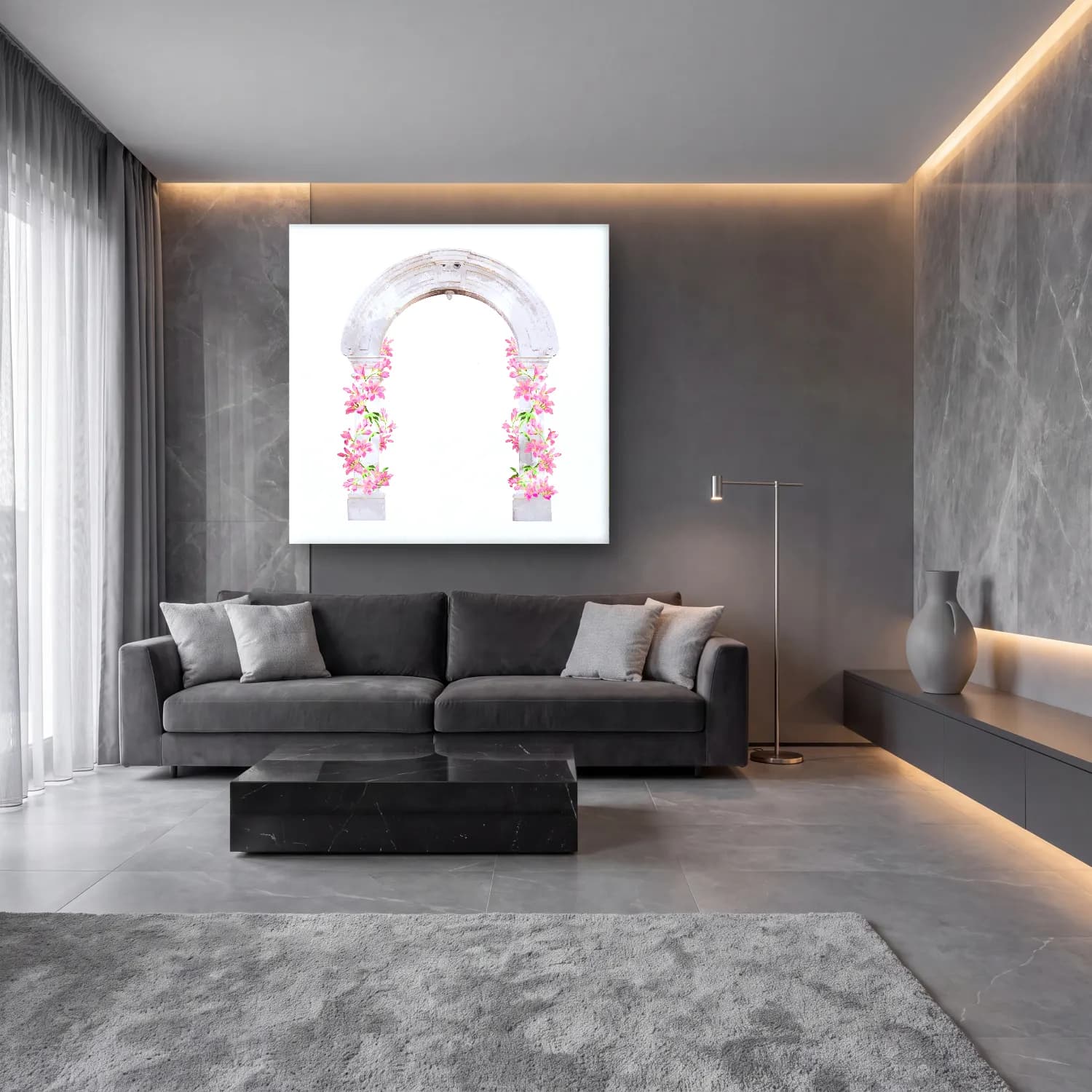 Pastel Kapı – Pembe Tonlar cam tablo — lüks salon duvarında