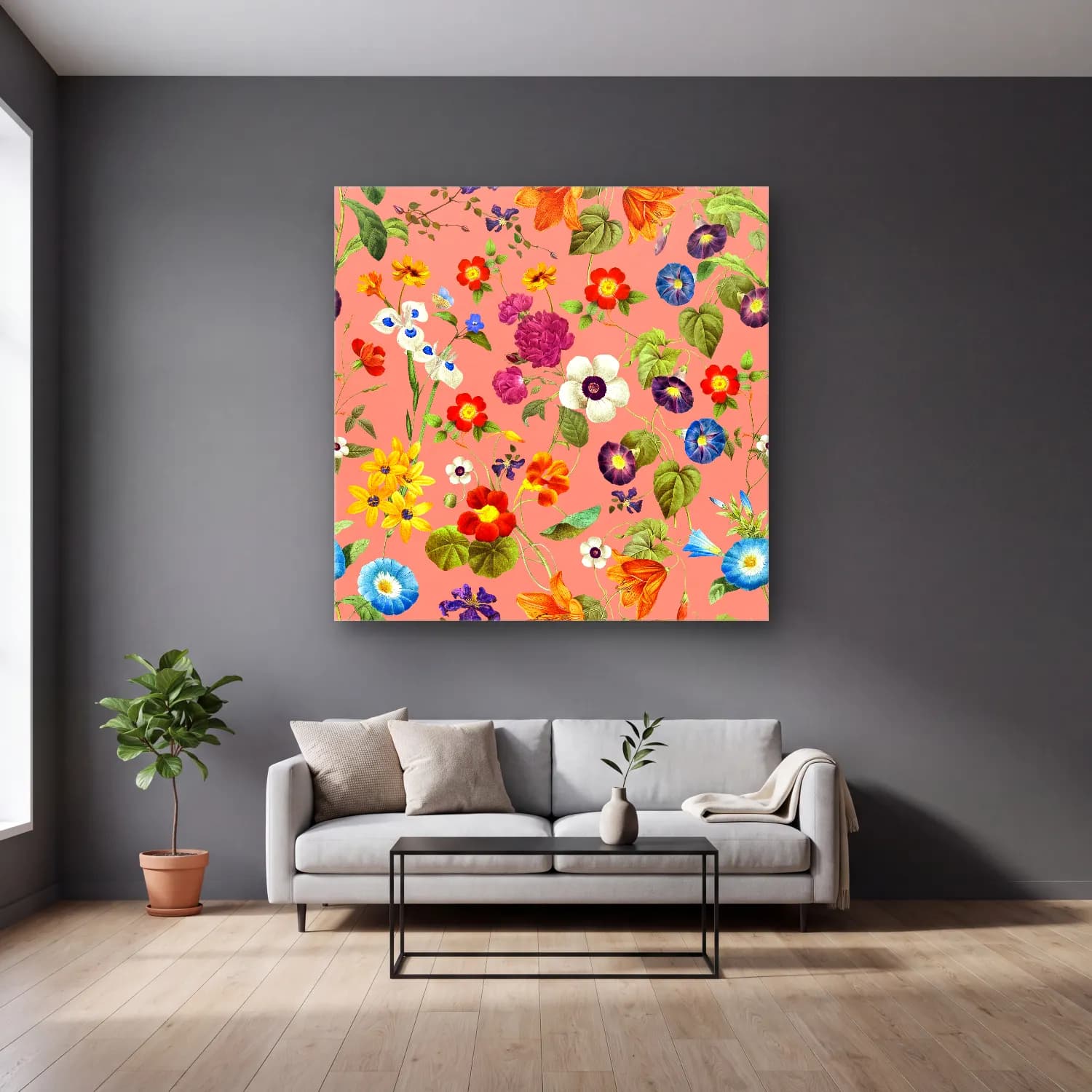 Pastel Çiçek Deseni No. 56 cam tablo — gri duvarlı salonda