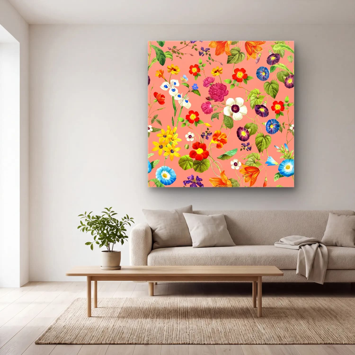 Pastel Çiçek Deseni No. 56 cam tablo — açık renk salonda
