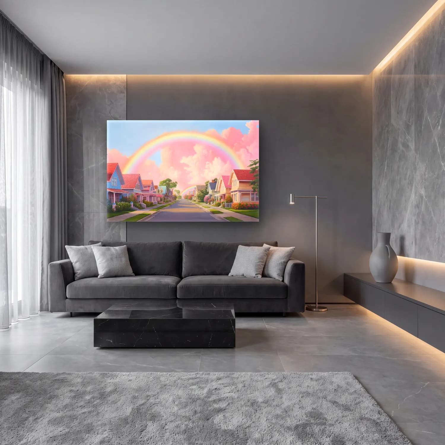 Pastel Güneş ve Gökkuşağı No. 13 cam tablo — lüks salon duvarında