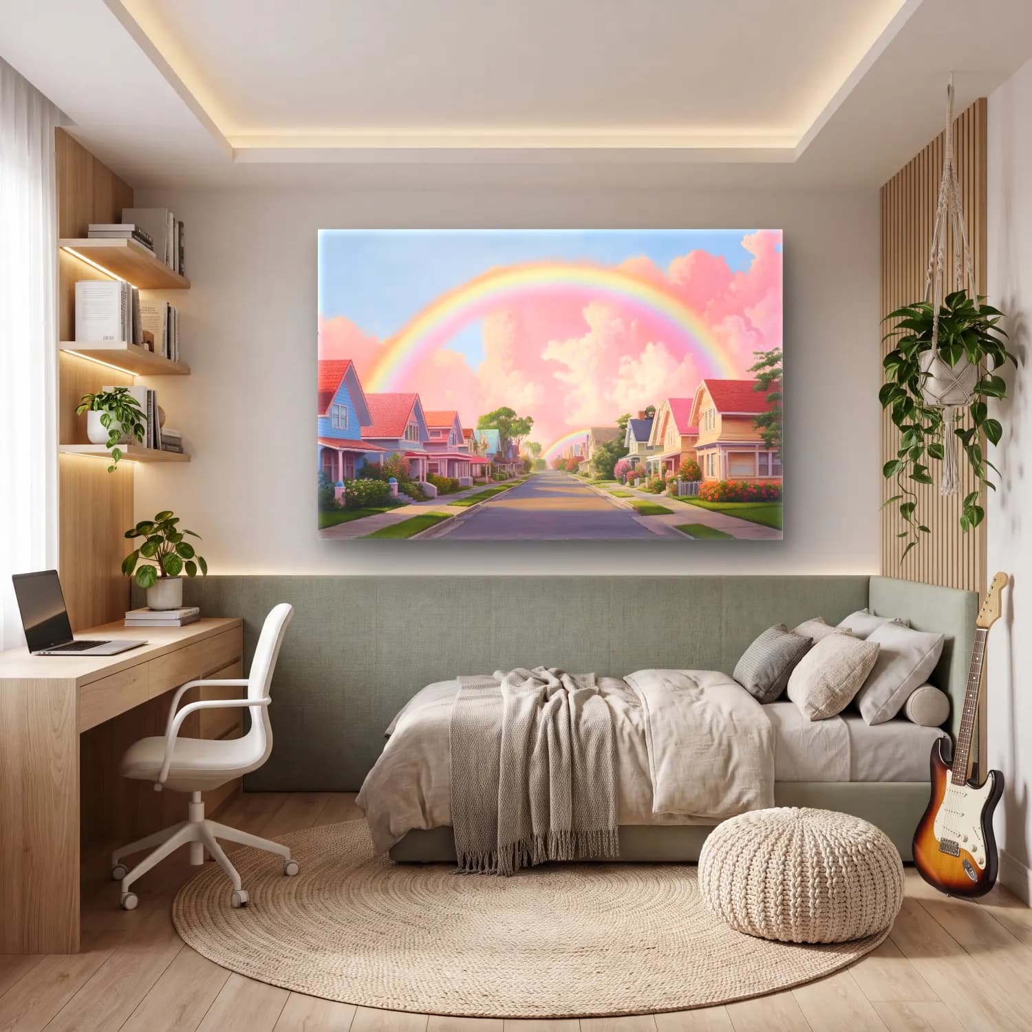 Pastel Güneş ve Gökkuşağı No. 13 cam tablo — genç odasında
