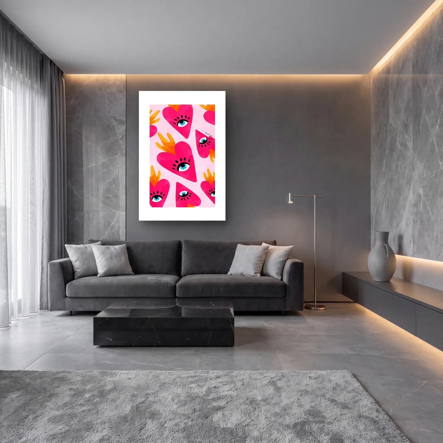 Maksimalist Soyut Yüz – Pembe Tonlar cam tablo — lüks salon duvarında