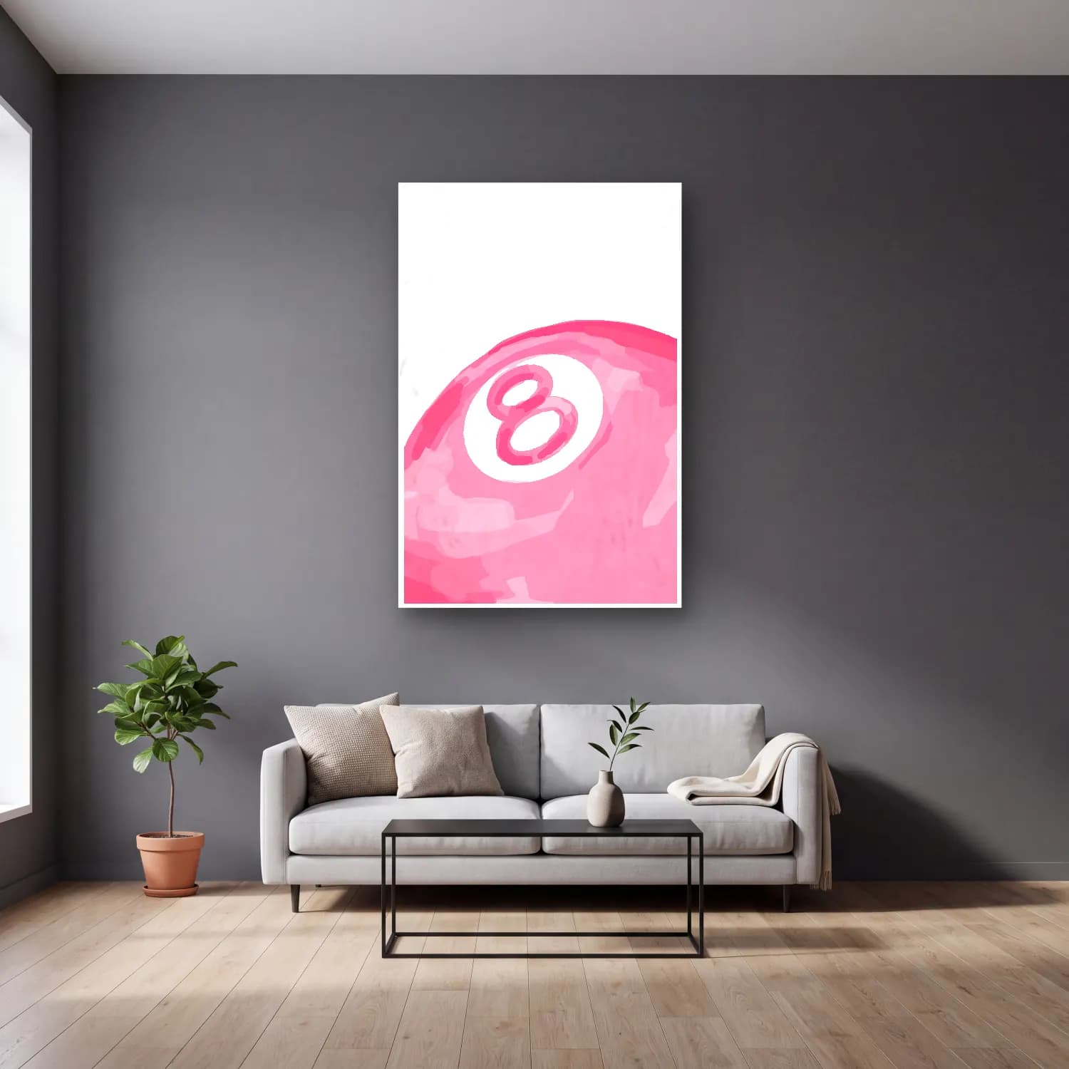 Pastel Rakamlar – Pembe Tonlar cam tablo — gri duvarlı salonda
