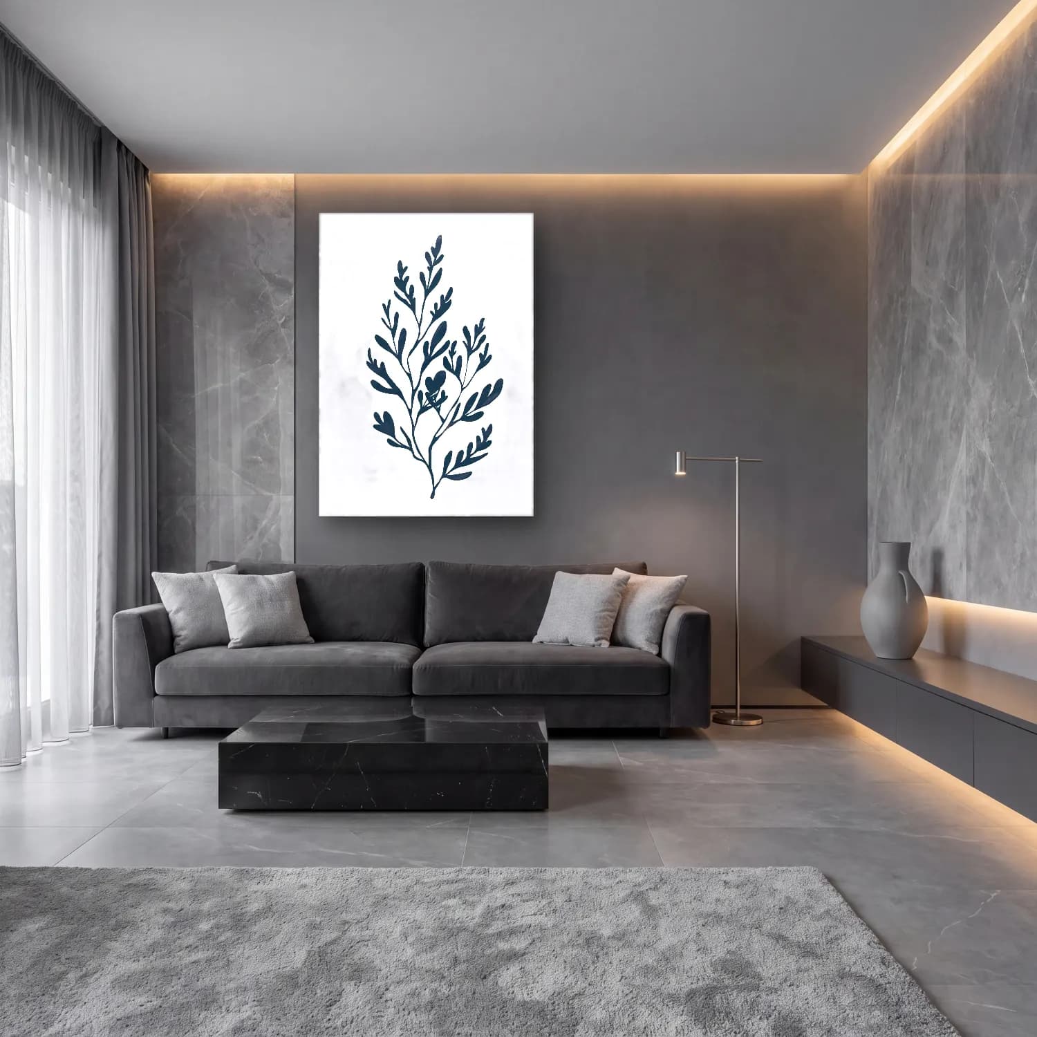Simple Drawing – navy blue No. 14 cam tablo — lüks salon duvarında