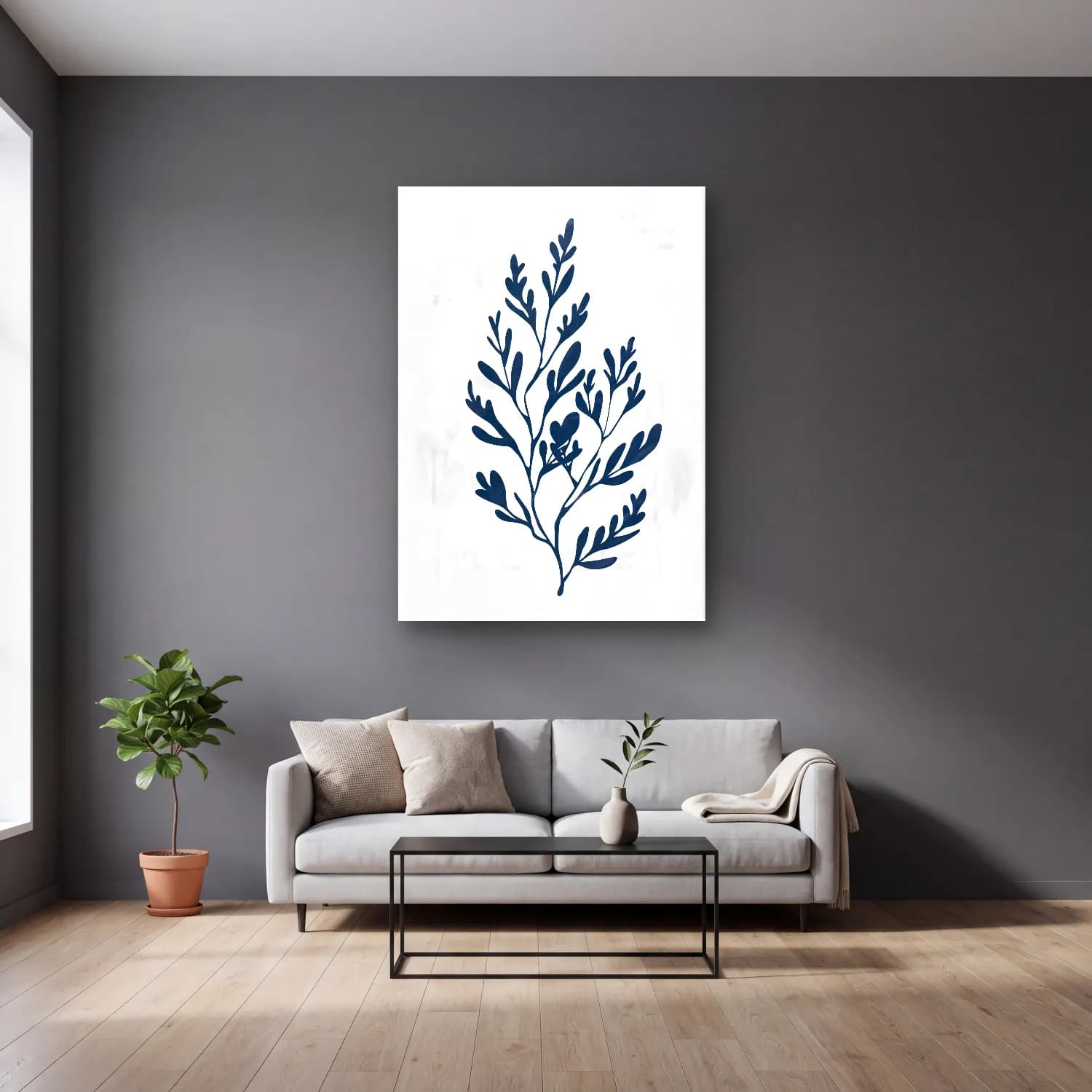 Simple Drawing – navy blue No. 14 cam tablo — gri duvarlı salonda