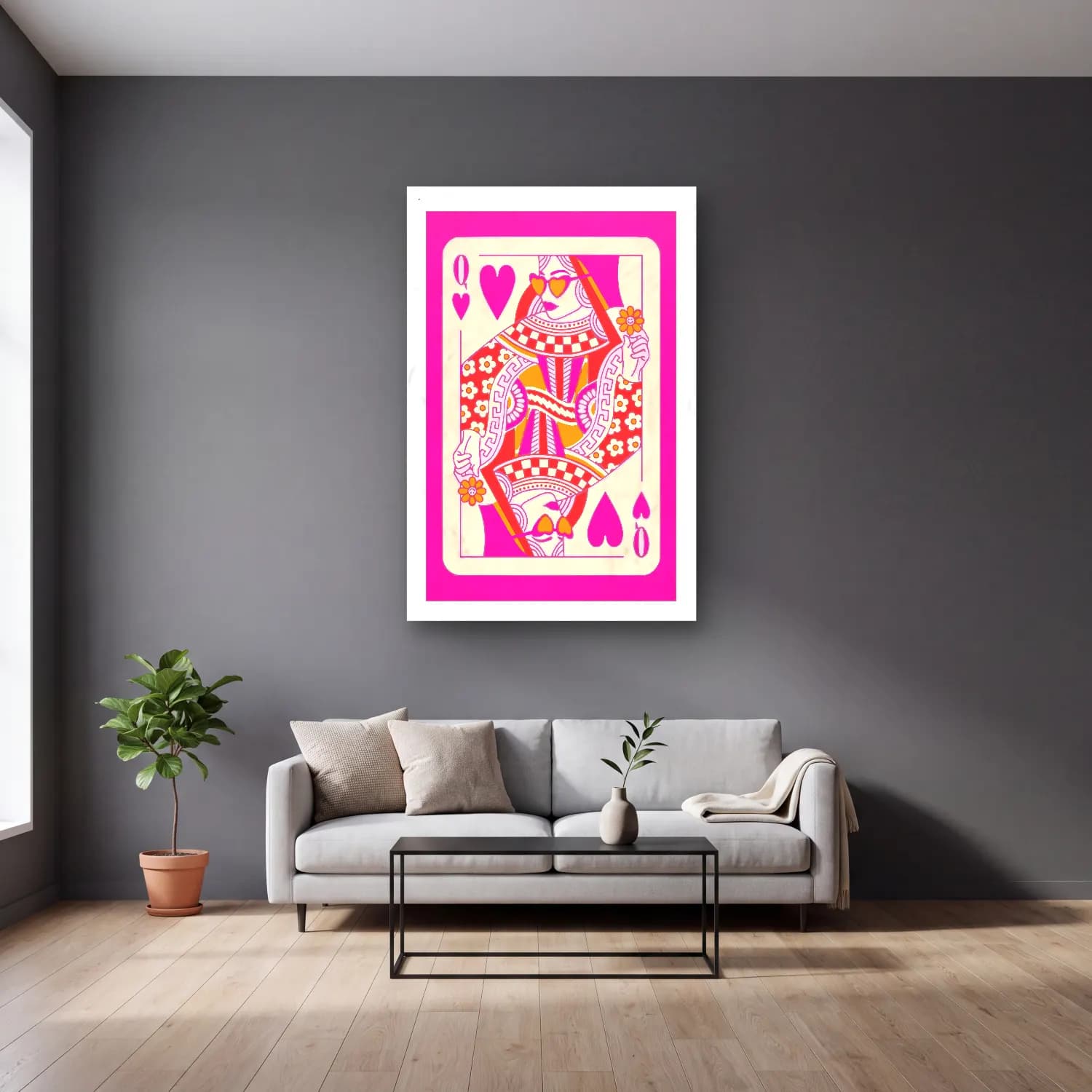 Maksimalist Dama Deseni – Pembe Tonlar cam tablo — gri duvarlı salonda