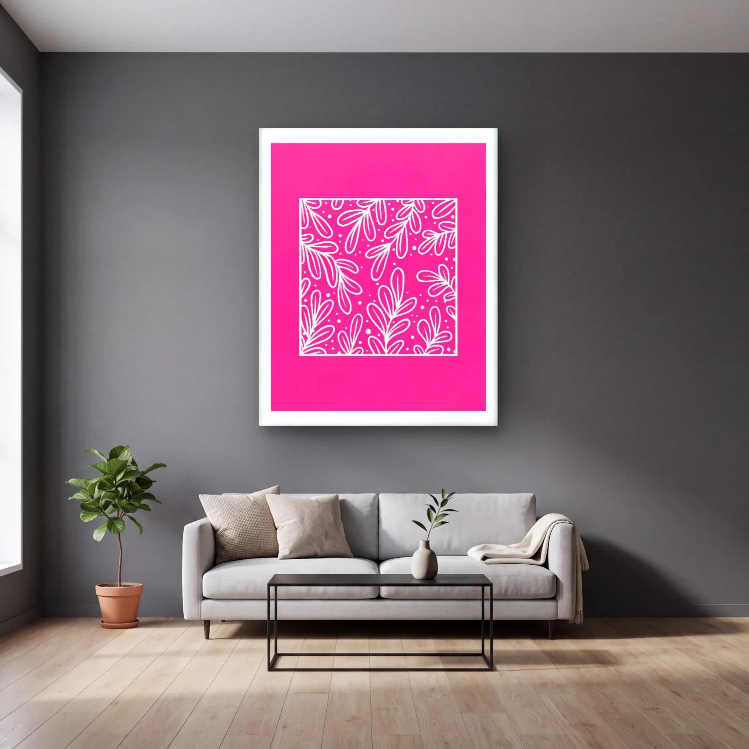 Boho Çiçek Deseni No. 116 cam tablo — gri duvarlı salonda