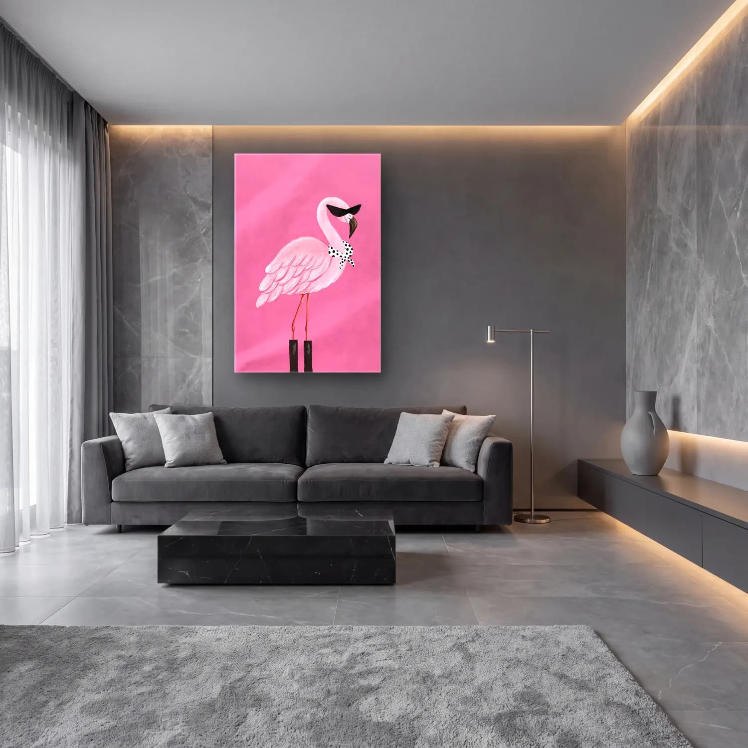 Sevimli İllüstrasyon Flamingo – Pembe Tonlar cam tablo — lüks salon duvarında