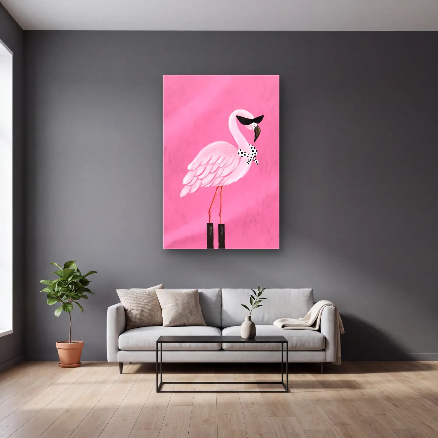 Sevimli İllüstrasyon Flamingo – Pembe Tonlar cam tablo — gri duvarlı salonda