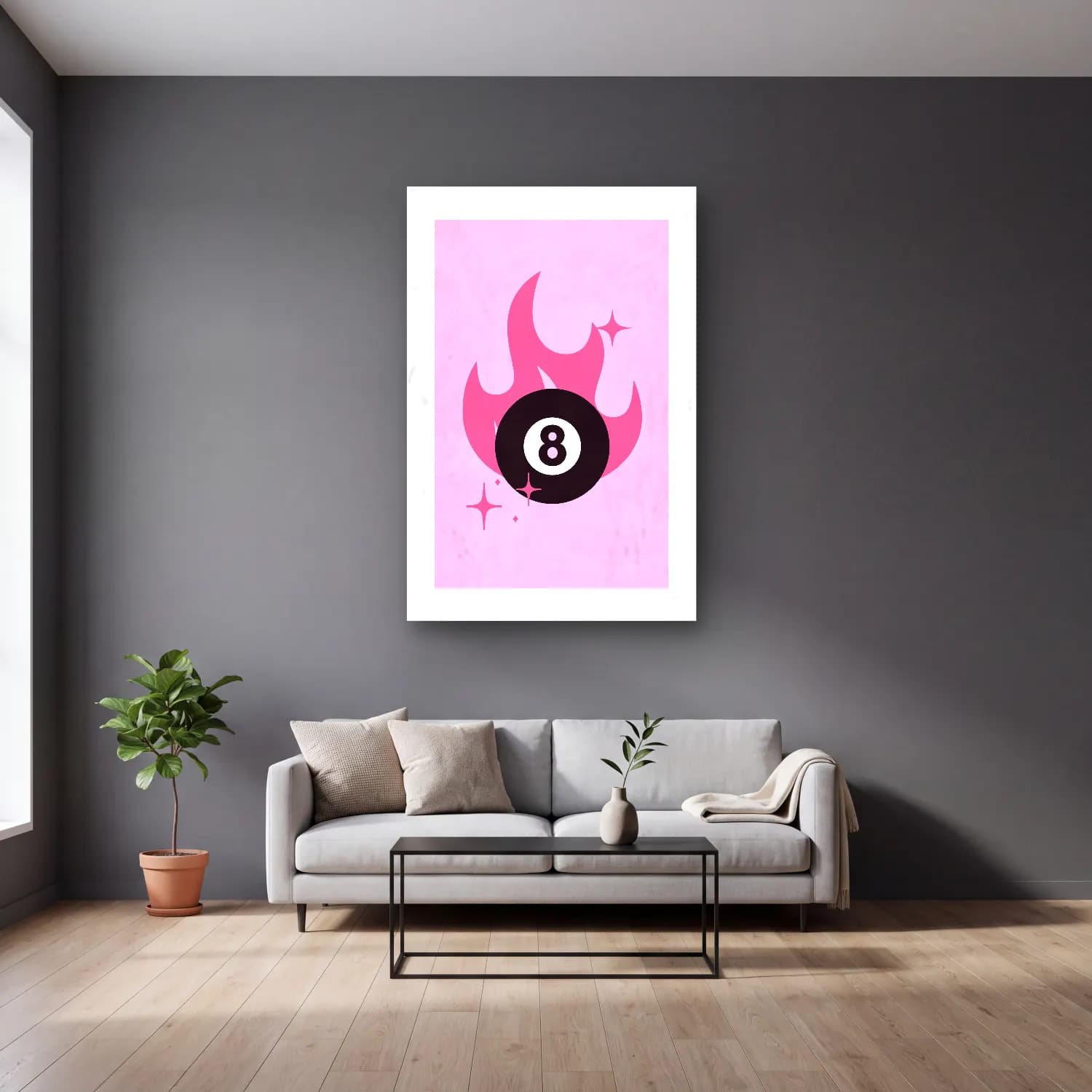 Pastel Rakamlar No. 4 cam tablo — gri duvarlı salonda