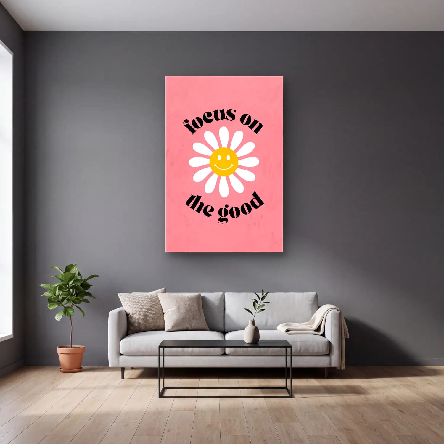 Pastel Söz Posteri No. 10 cam tablo — gri duvarlı salonda
