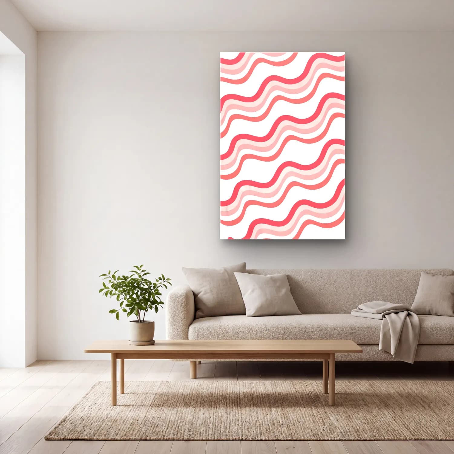 Pastel Dalgalı Çizgiler No. 6 cam tablo — açık renk salonda