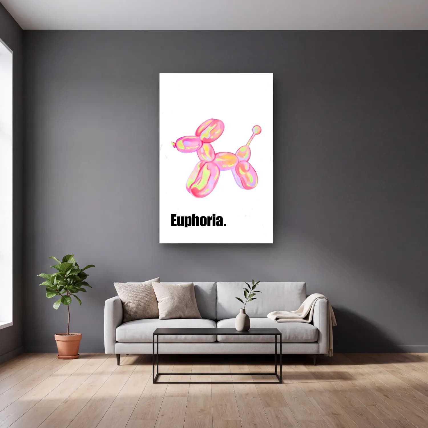 Pastel Köpek – Pembe Tonlar cam tablo — gri duvarlı salonda