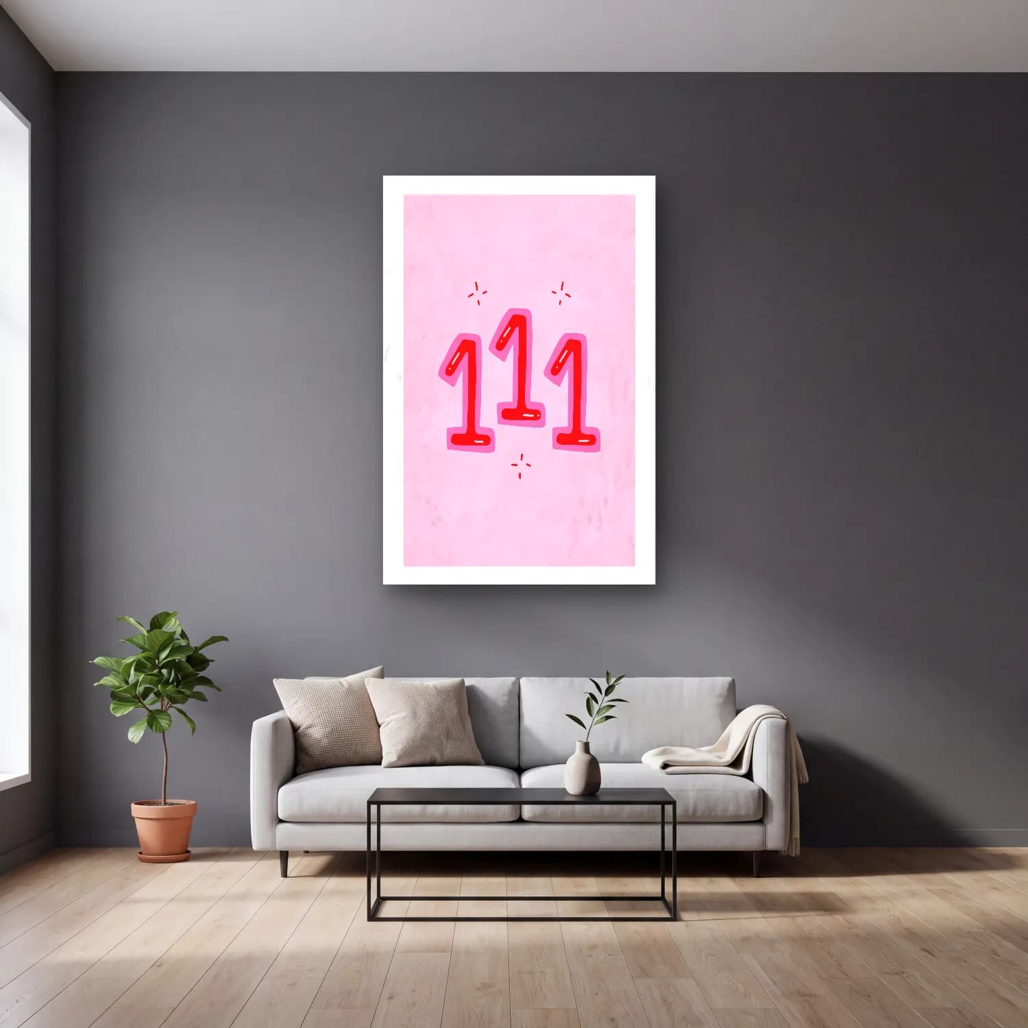 Pastel Rakamlar No. 5 cam tablo — gri duvarlı salonda